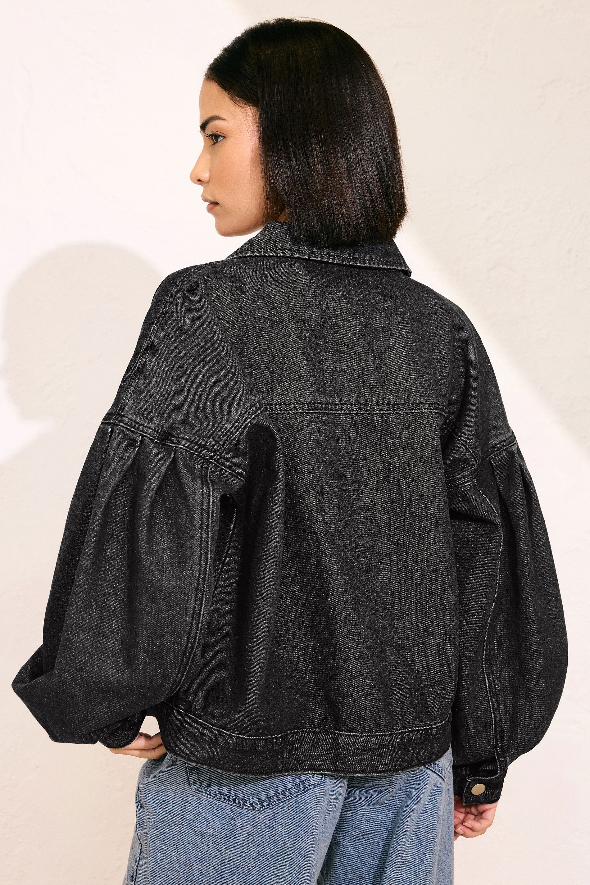 PixieGirl Petite Women's Black Denim Balloon Sleeve Jacket | PixieGirl 4