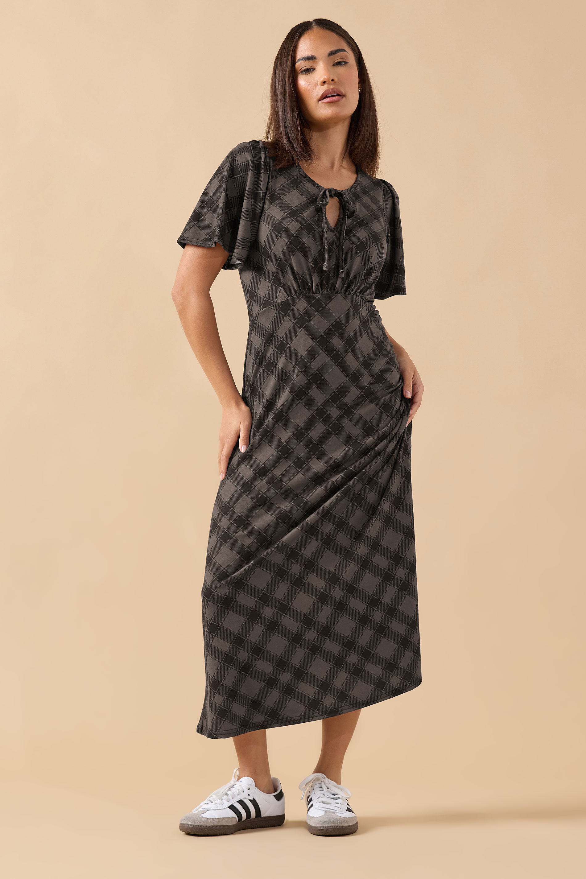 PixieGirl Petite Women's Brown Check Tie Front Midi Dress | PixieGirl 1