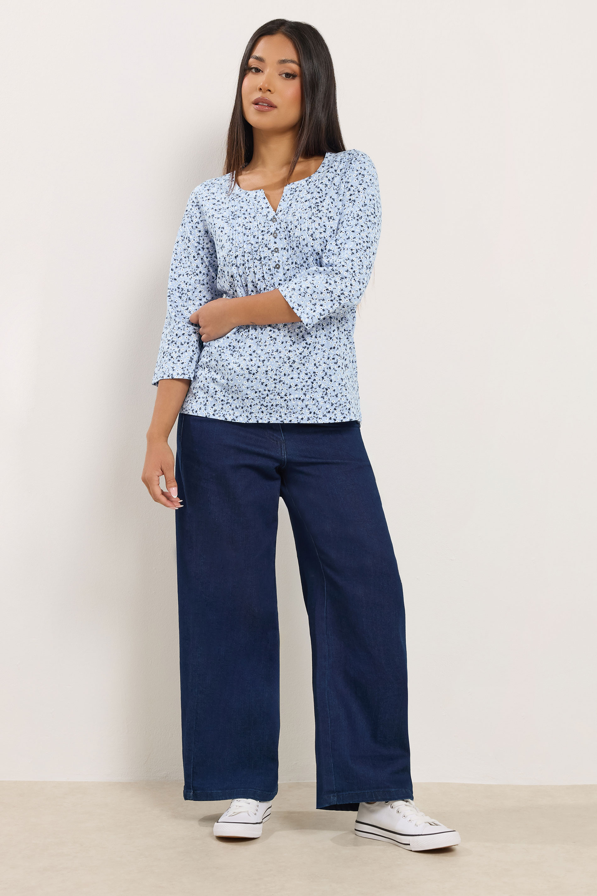 M&Co Petite Blue Floral Henley Top | M&Co 2