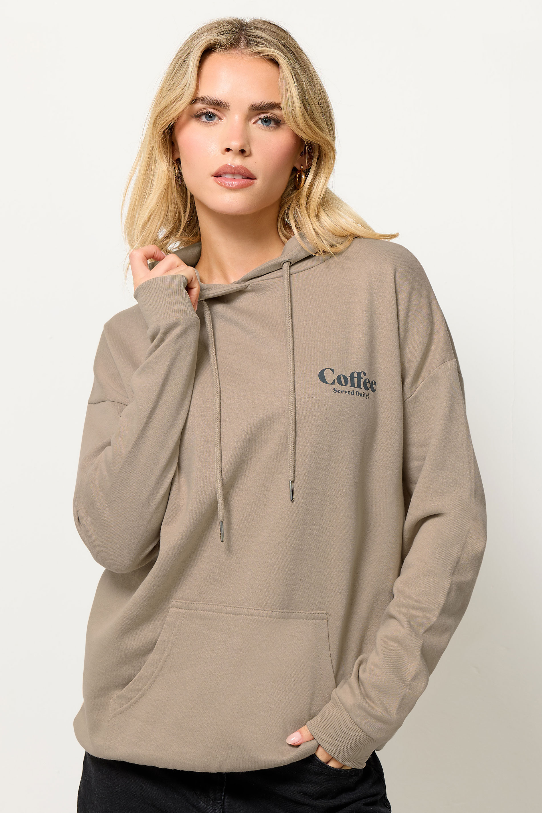 PixieGirl Petite Natural Brown 'Coffee' Slogan Drawstring Hoodie | PixieGirl 1