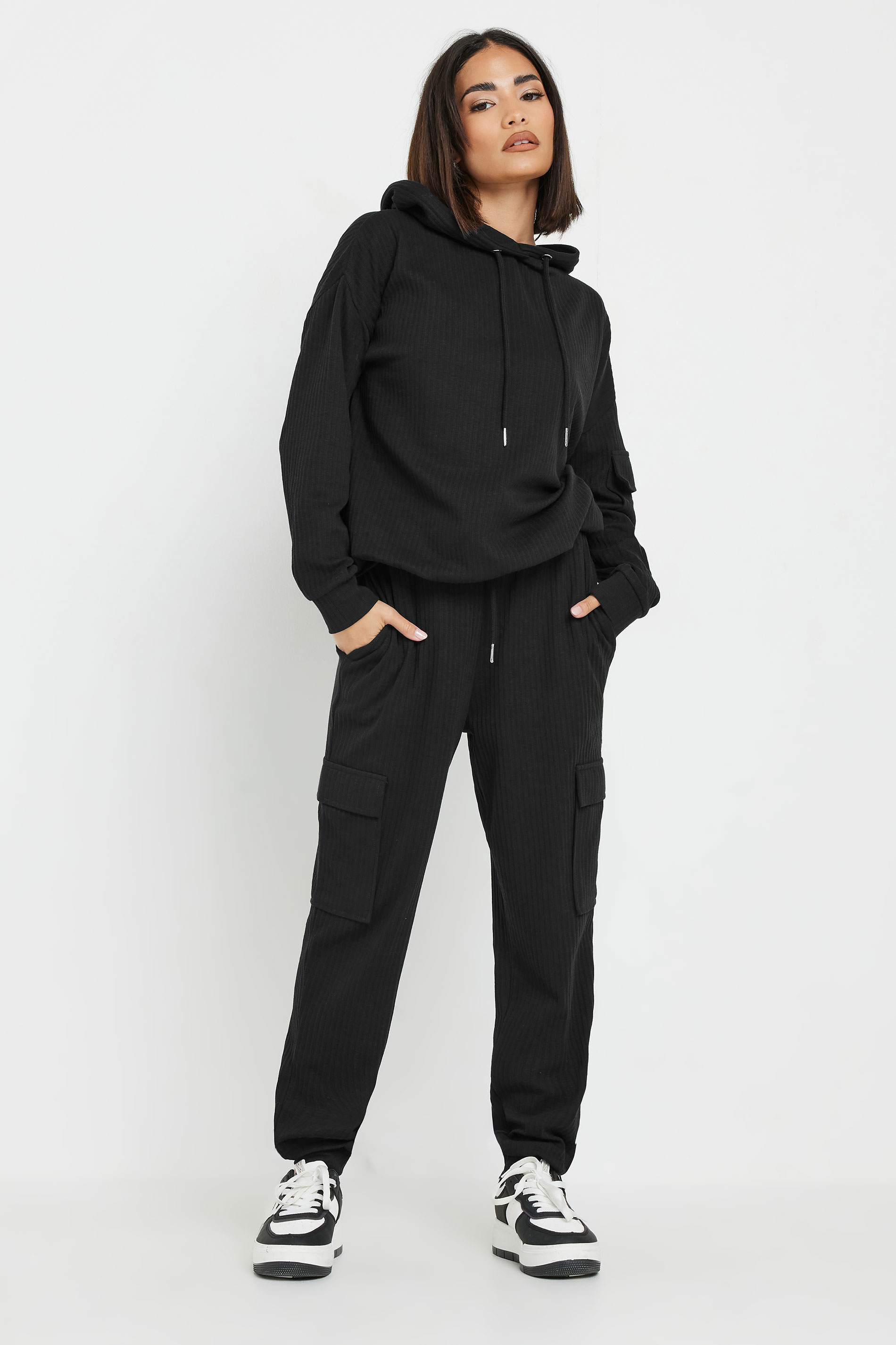 PixieGirl Petite Women's Black Ribbed Cargo Joggers | PixieGirl 1