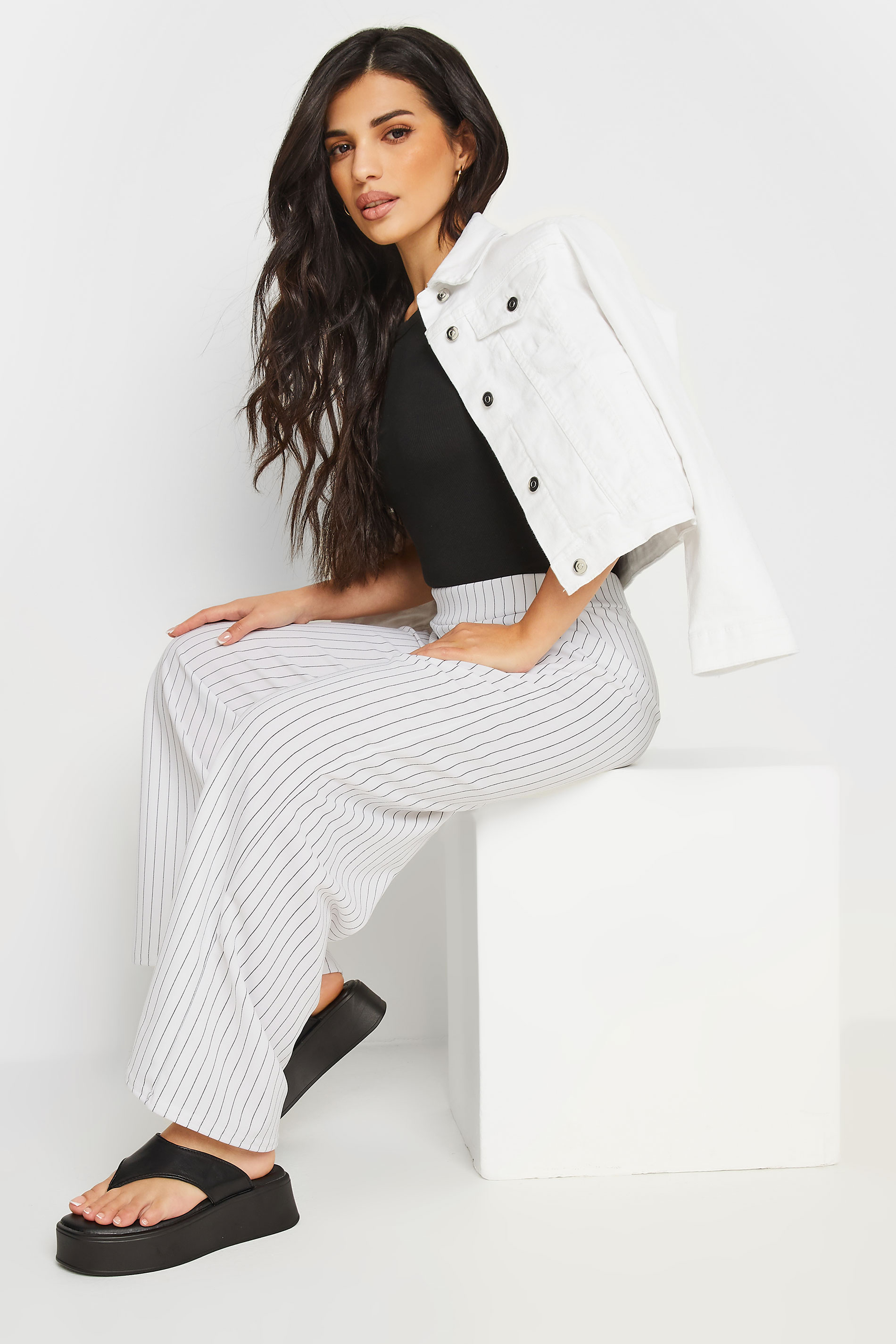 PixieGirl Petite Womens White Pinstripe Wide Leg Trousers | PixieGirl 4
