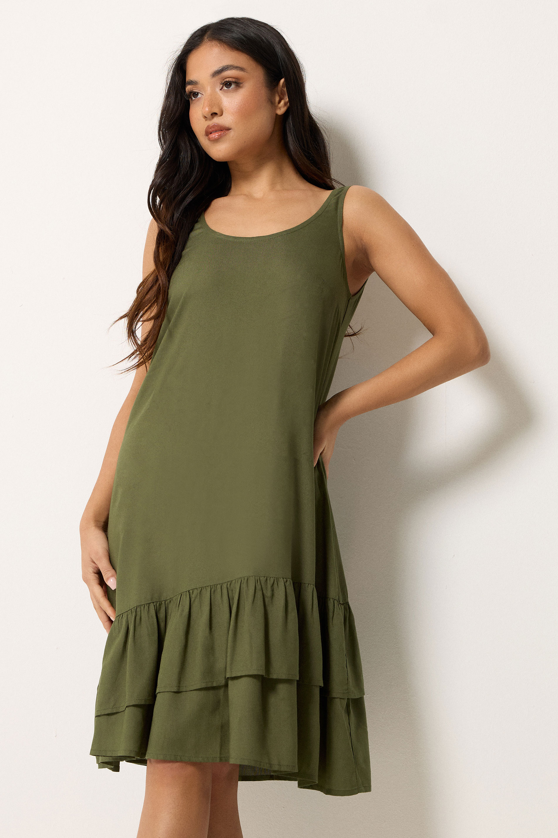 Pixiegirl Women's Green Petite Khaki Asymmetric Frill Midi Dress Size 12