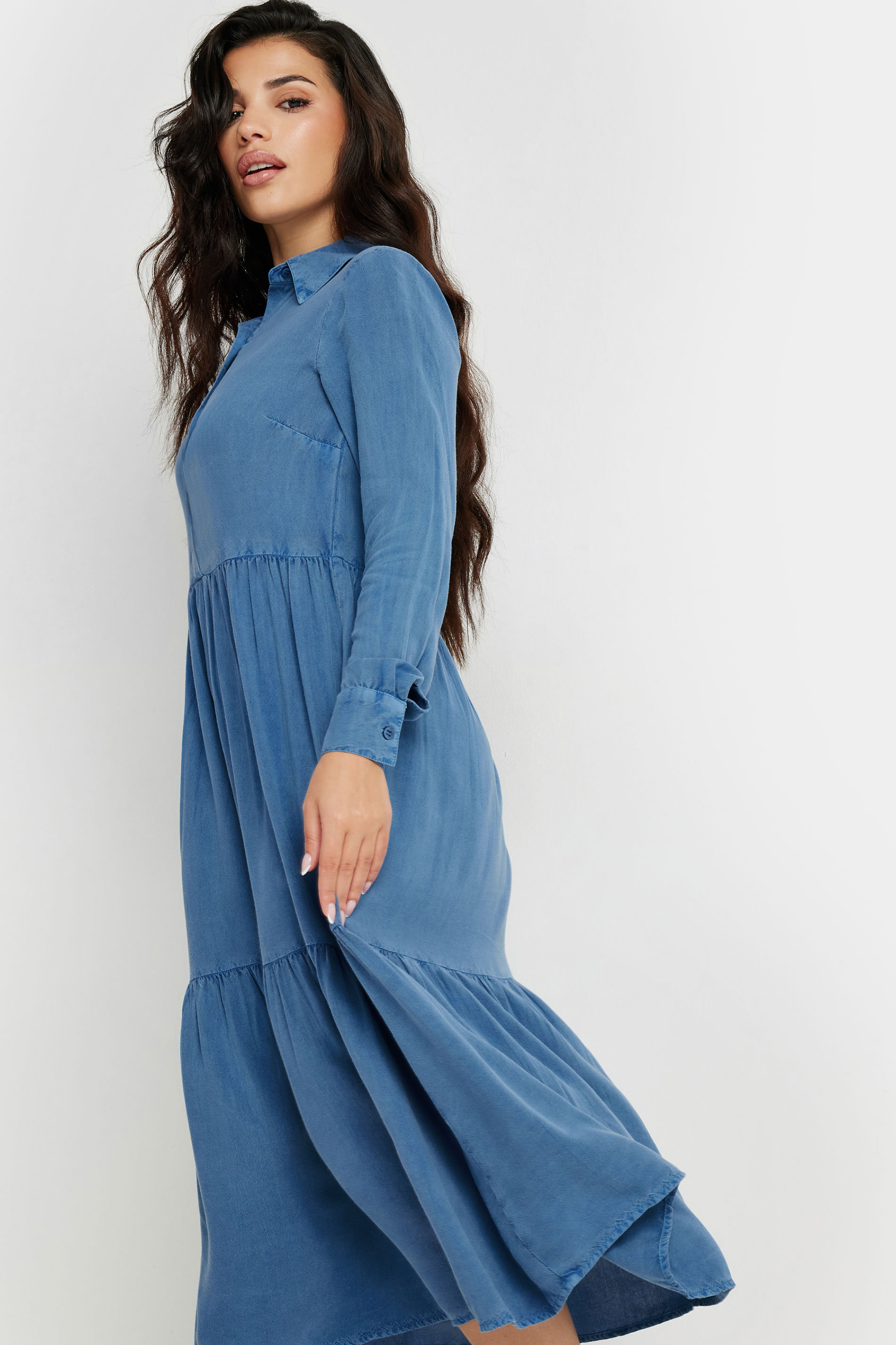 PixieGirl Petite Women Blue Acid Wash Tiered Smock Dress | PixieGirl 1