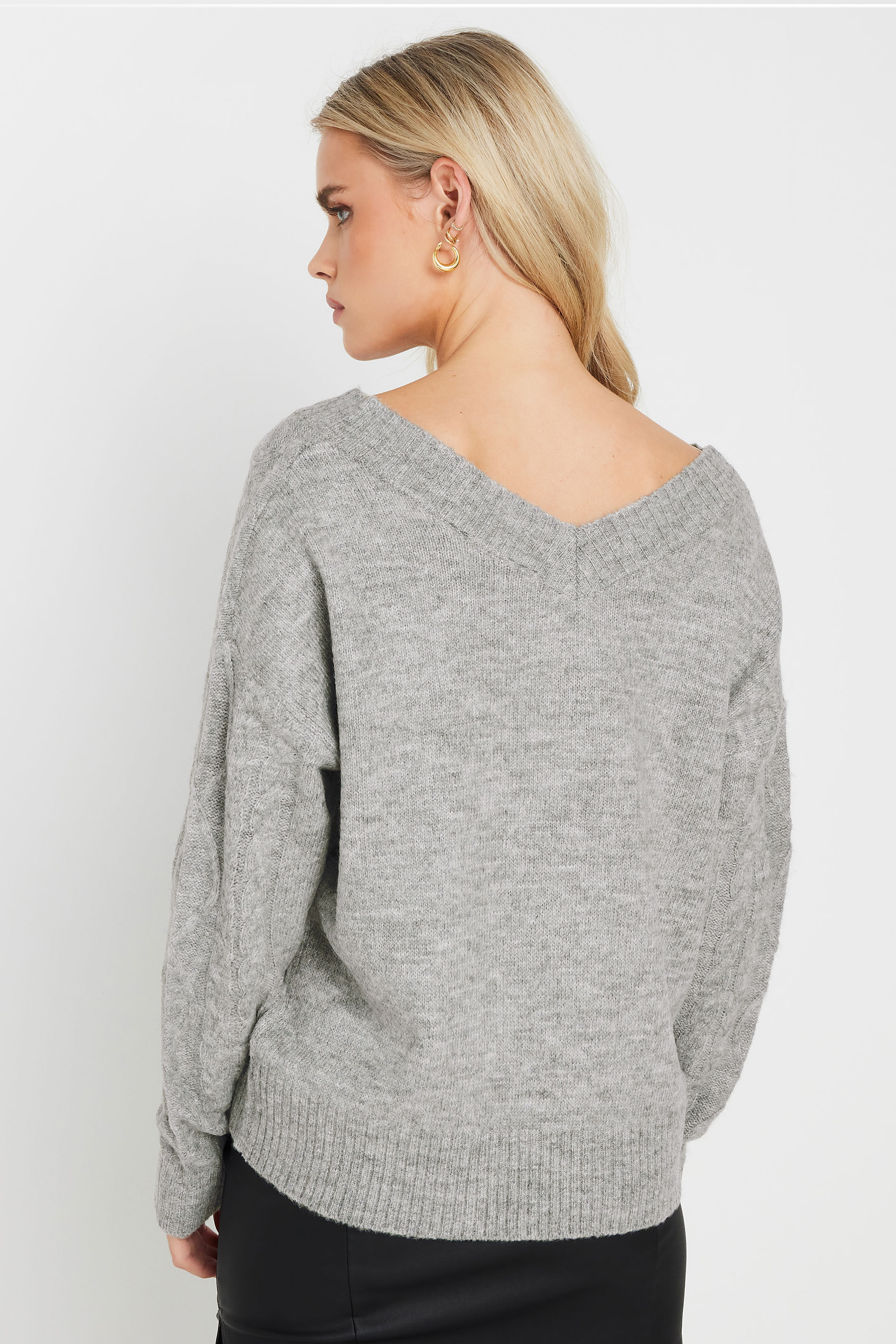 PixieGirl Petite Women's Grey Cable Knit V-Neck Jumper | PixieGirl 3