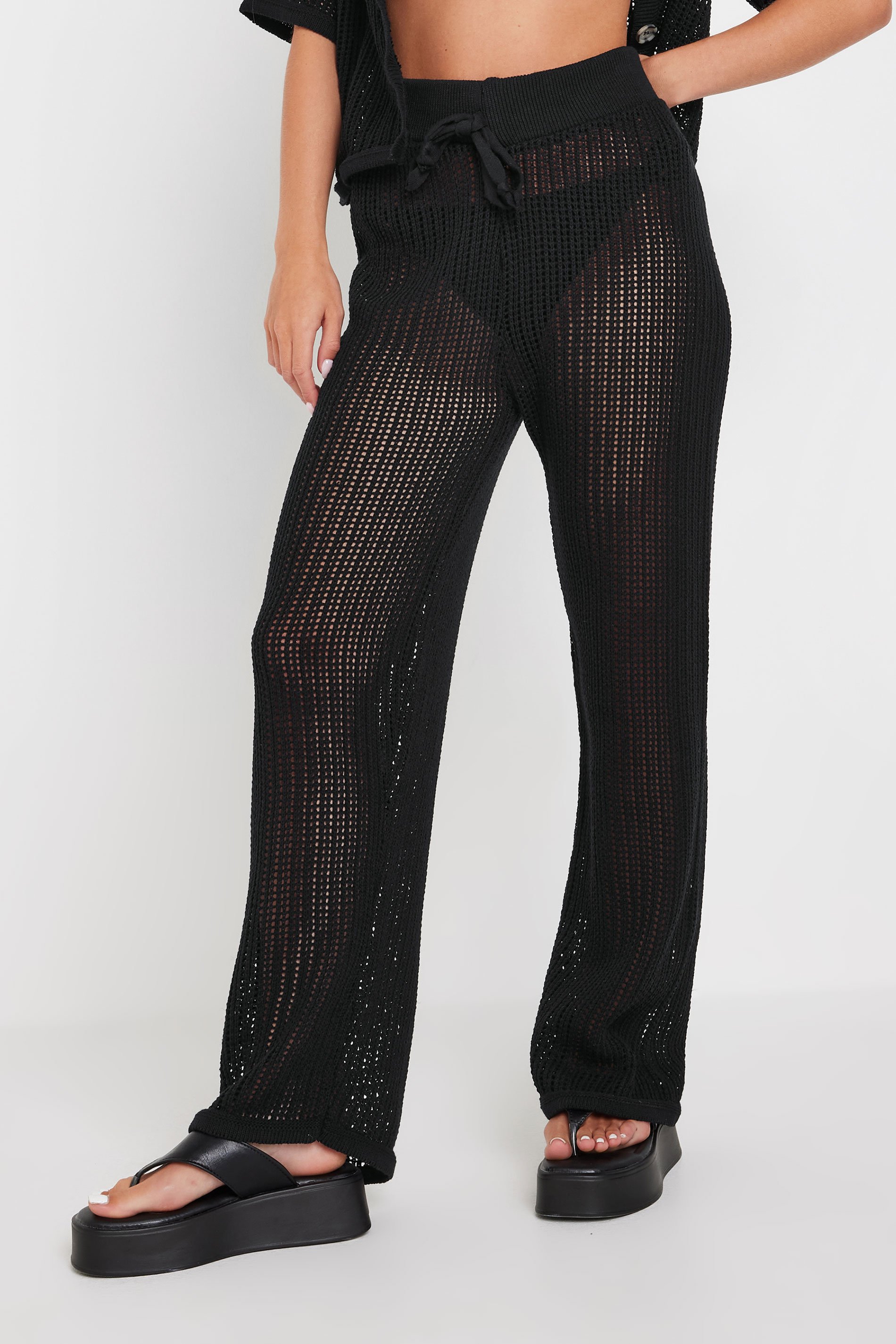 PixieGirl Petite Women's Black Crochet Wide Leg Trousers | PixieGirl 2