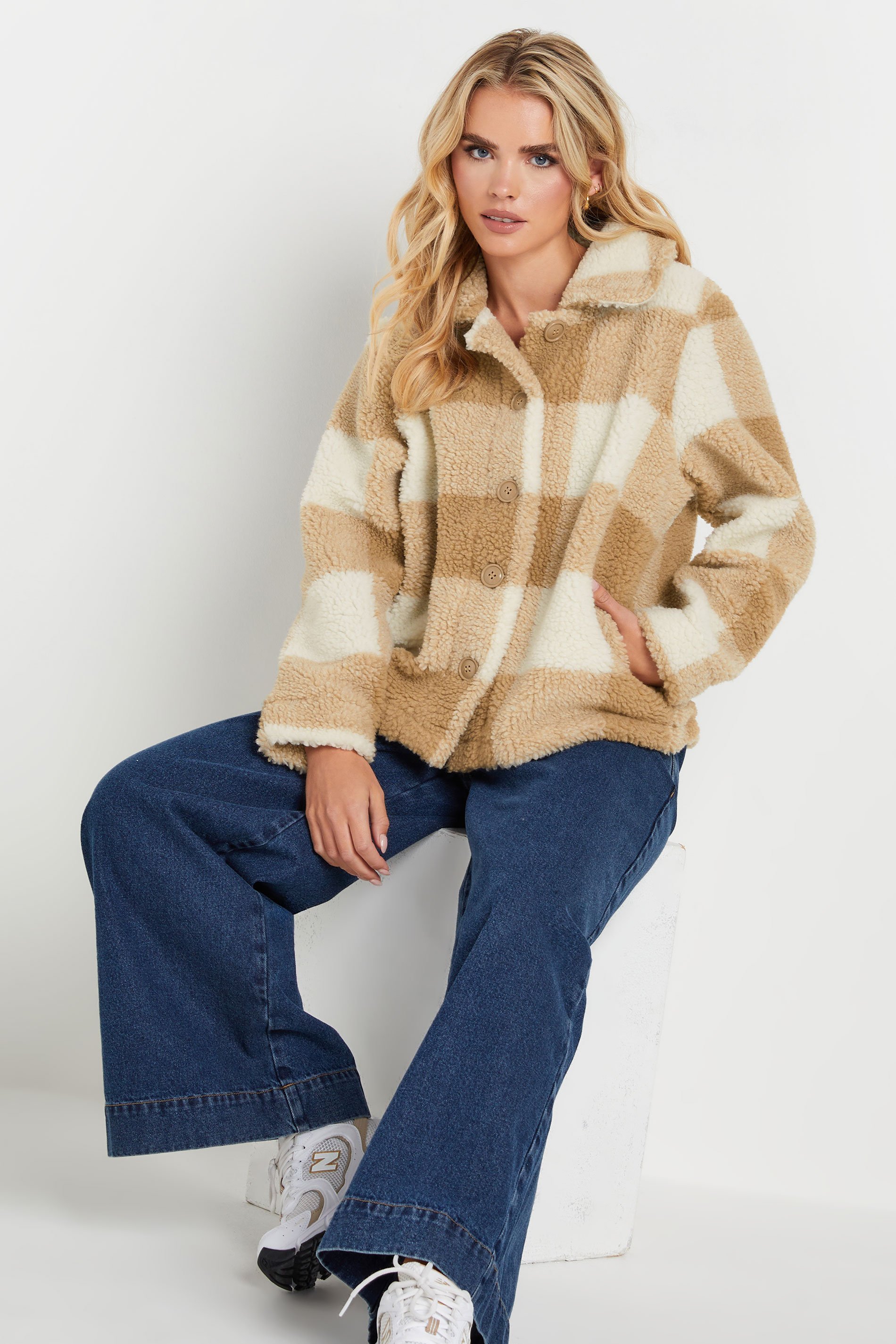 PixieGirl Petite Women's Natural Brown Check Teddy Fleece Jacket | PixieGirl 1