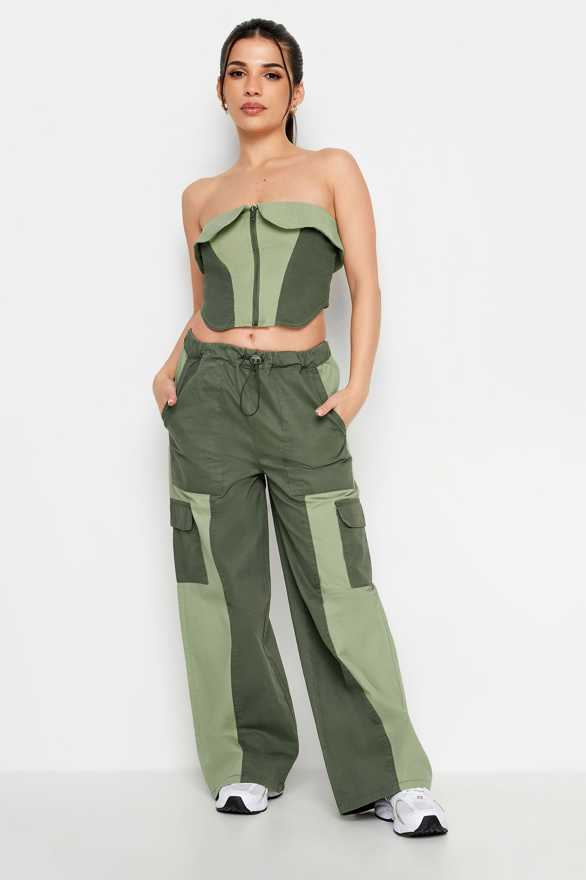 PixieGirl Petite Womens Khaki Green Colourblock Bandeau Corset Top | PixieGirl 5