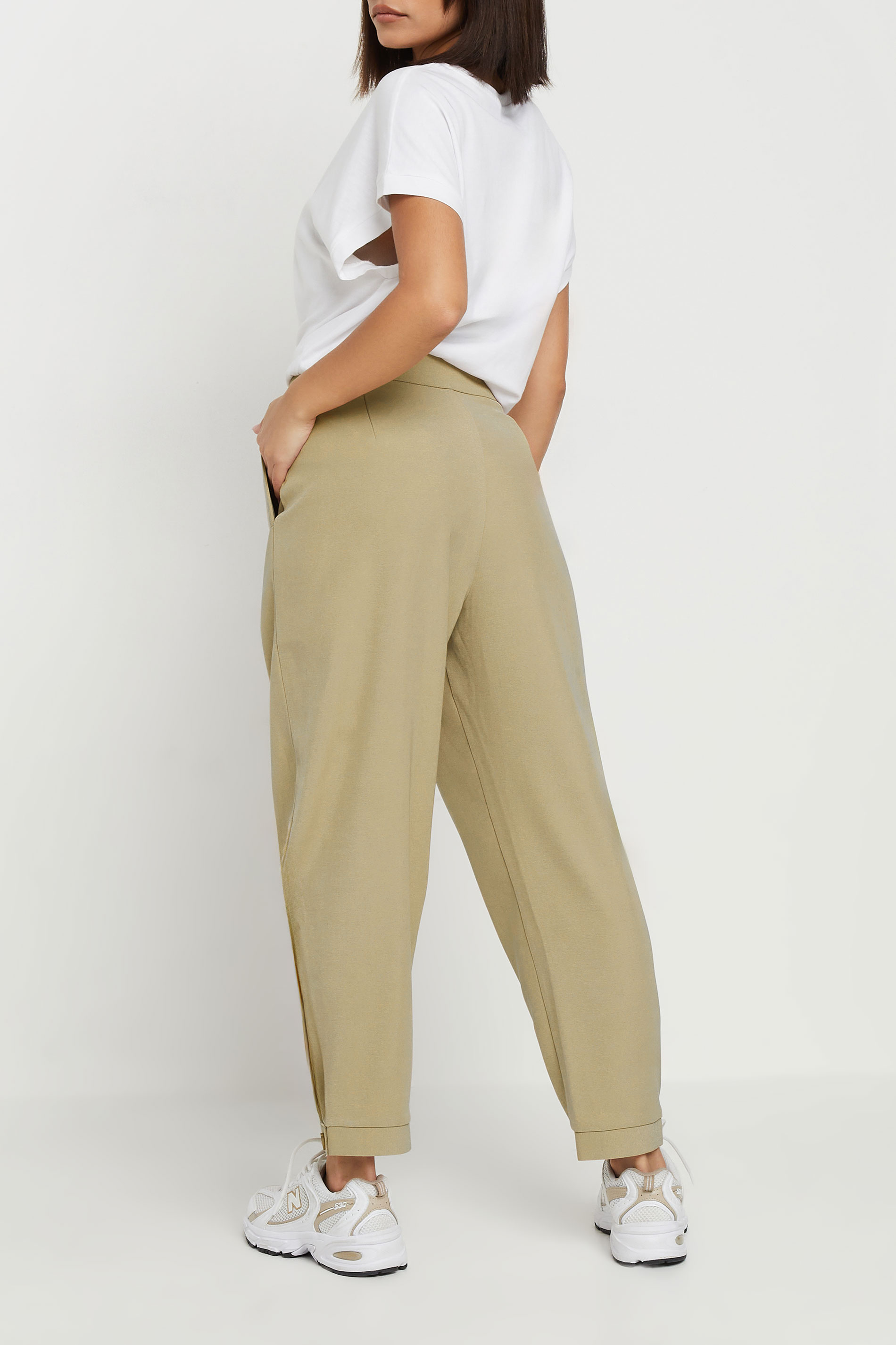 PixieGirl Petite Women's Stone Brown Tailored Barrel Button Trousers | PixieGirl 3