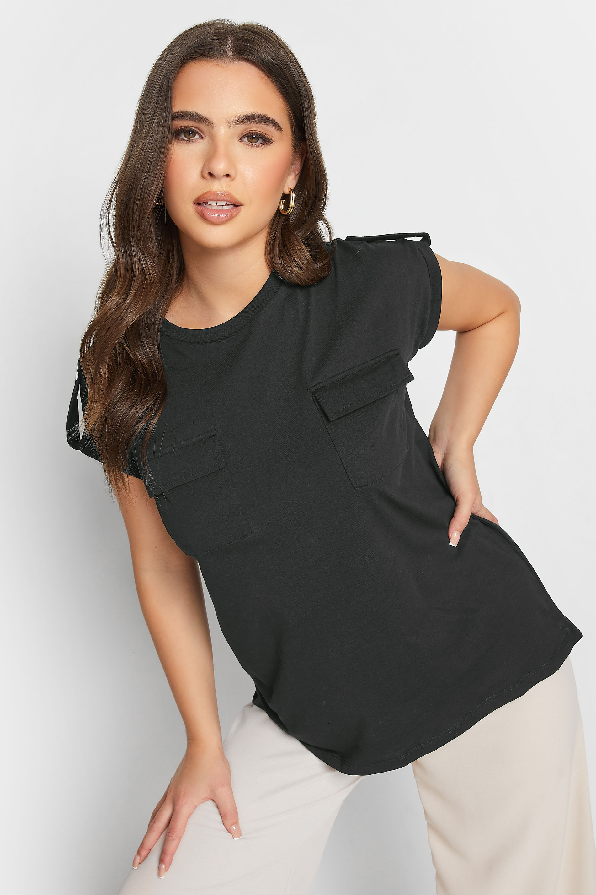 Petite Black Pocket Detail Cotton T-Shirt | PixieGirl 3