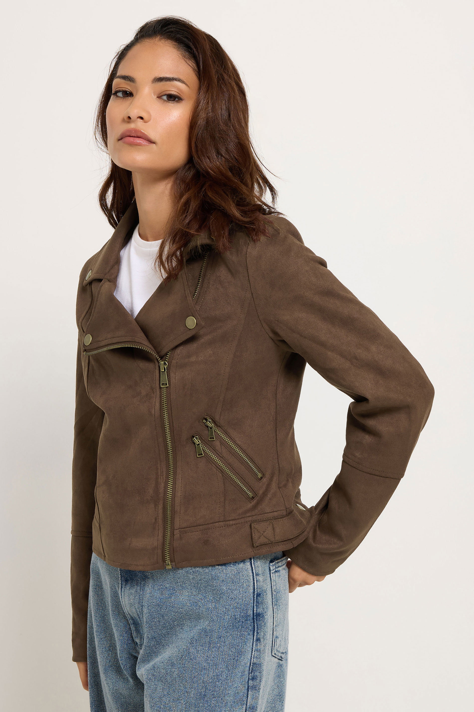Pixiegirl Women's Brown Petite Chocolate Faux Suede Biker Jacket Size 6