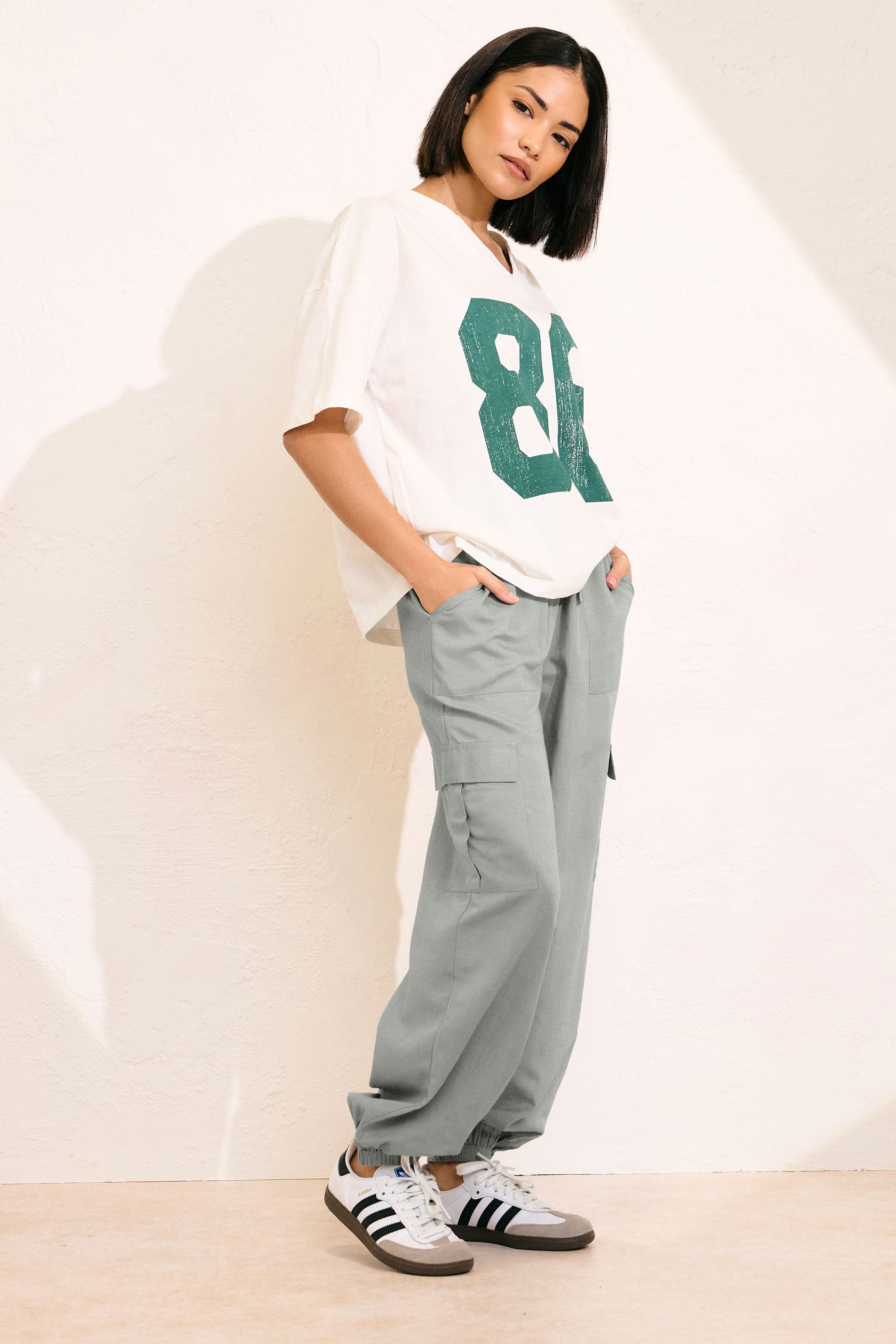 PixieGirl Petite Women's Grey Linen Cargo Cuffed Joggers | PixieGirl 1