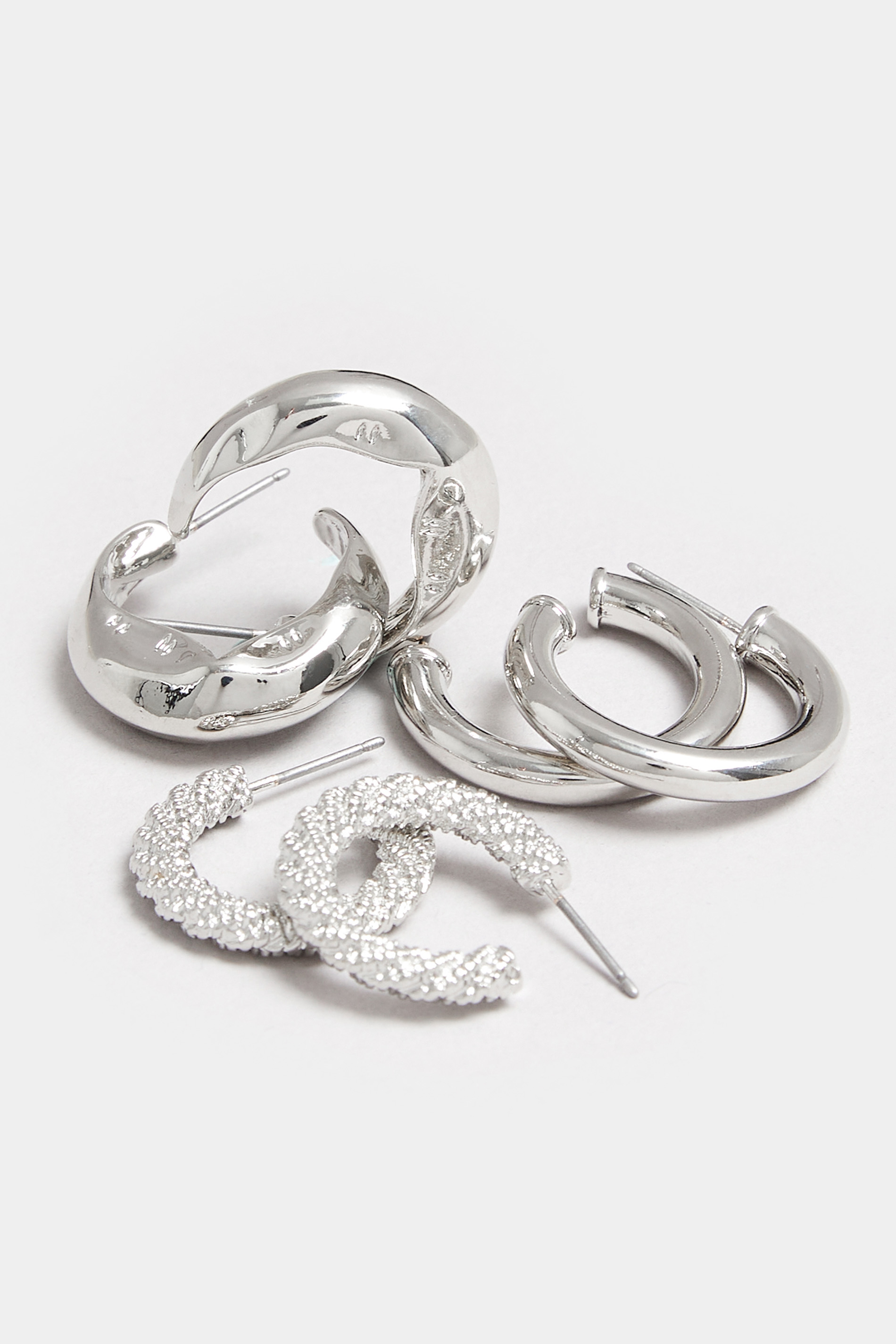 3 PACK Silver Tone Textured Hoop Earrings Set | Yours Clothing 4