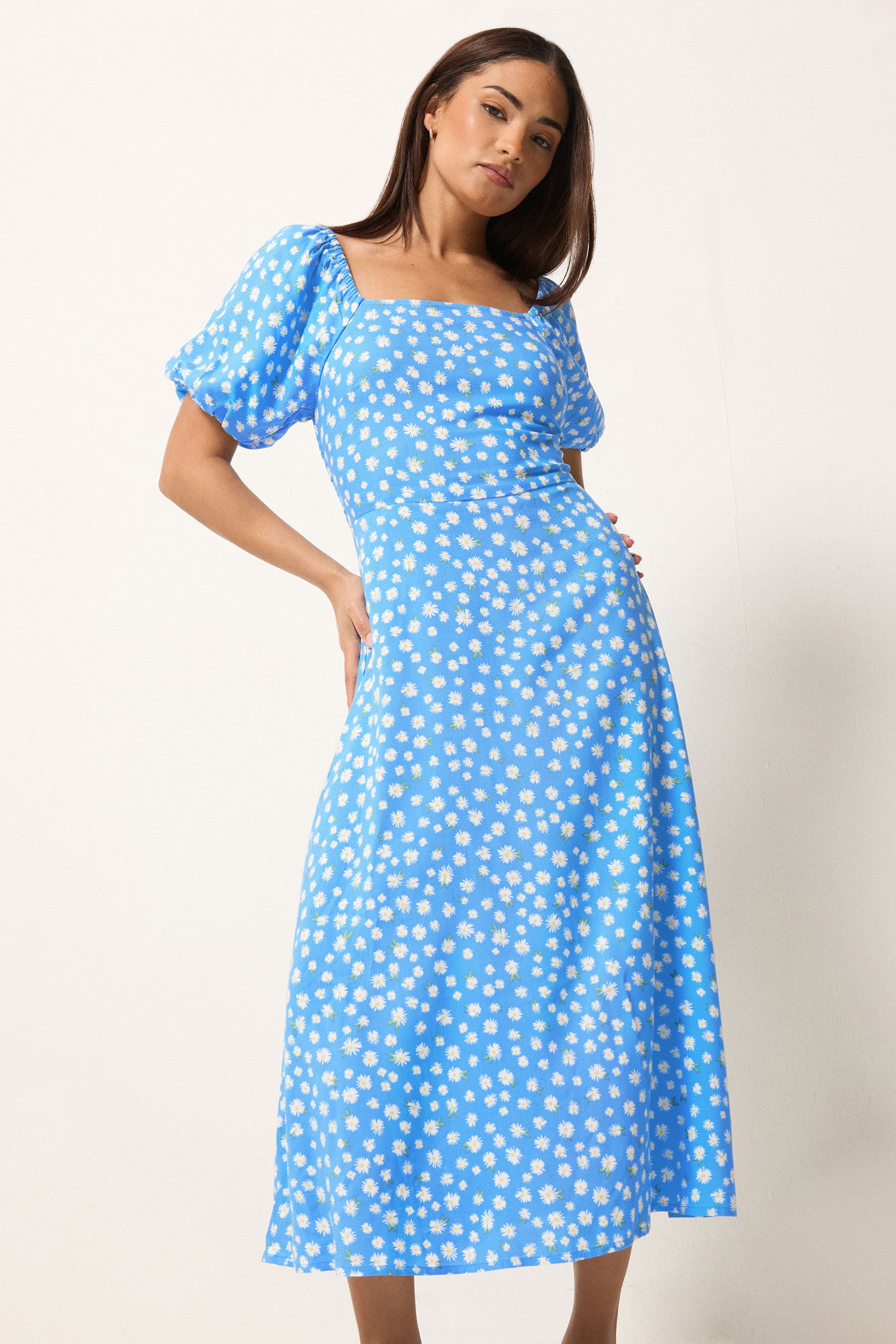 PixieGirl Petite Women's Blue Daisy Puff Sleeve Midi Dress | PixieGirl
