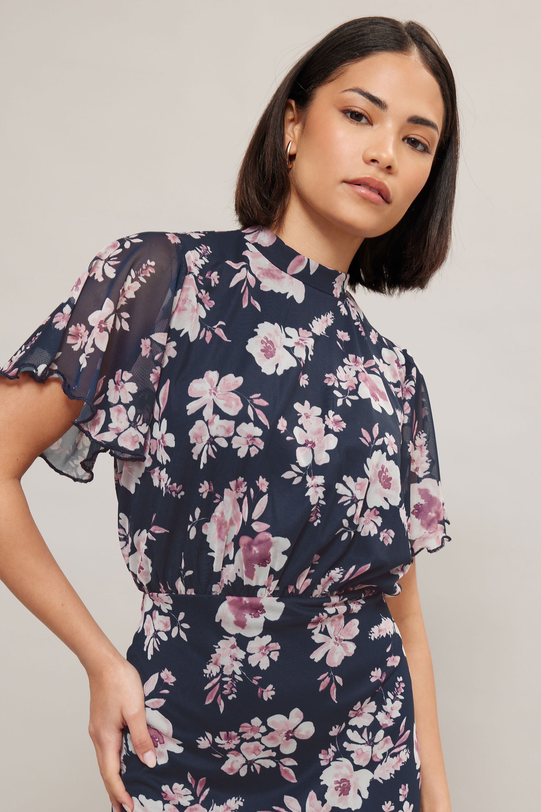 PixieGirl Petite Women's Navy Blue Floral Print Flutter Sleeve Dress | PixieGirl 2