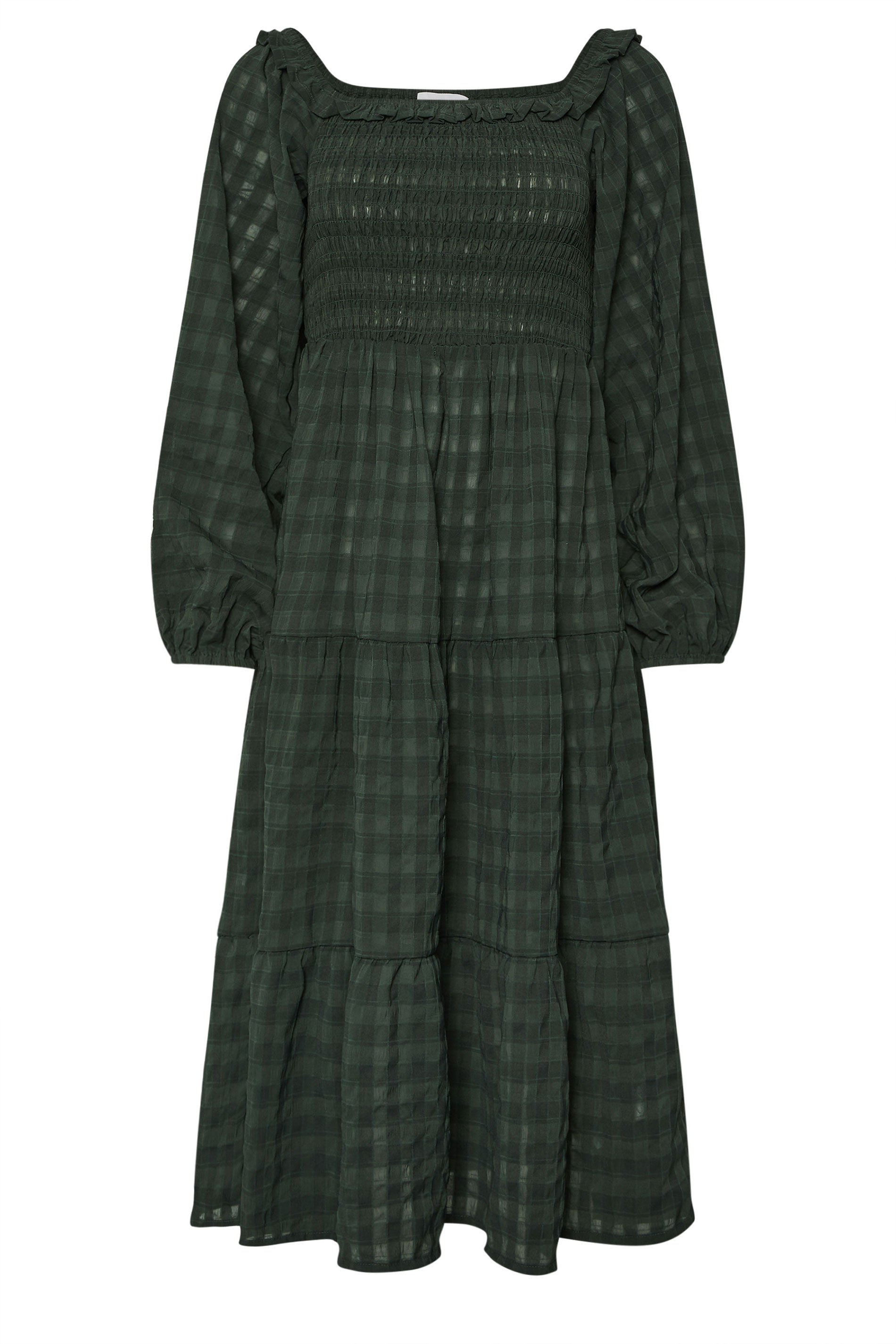 PixieGirl Petite Women's Green Crinkle Check Tiered Dress | PixieGirl 6
