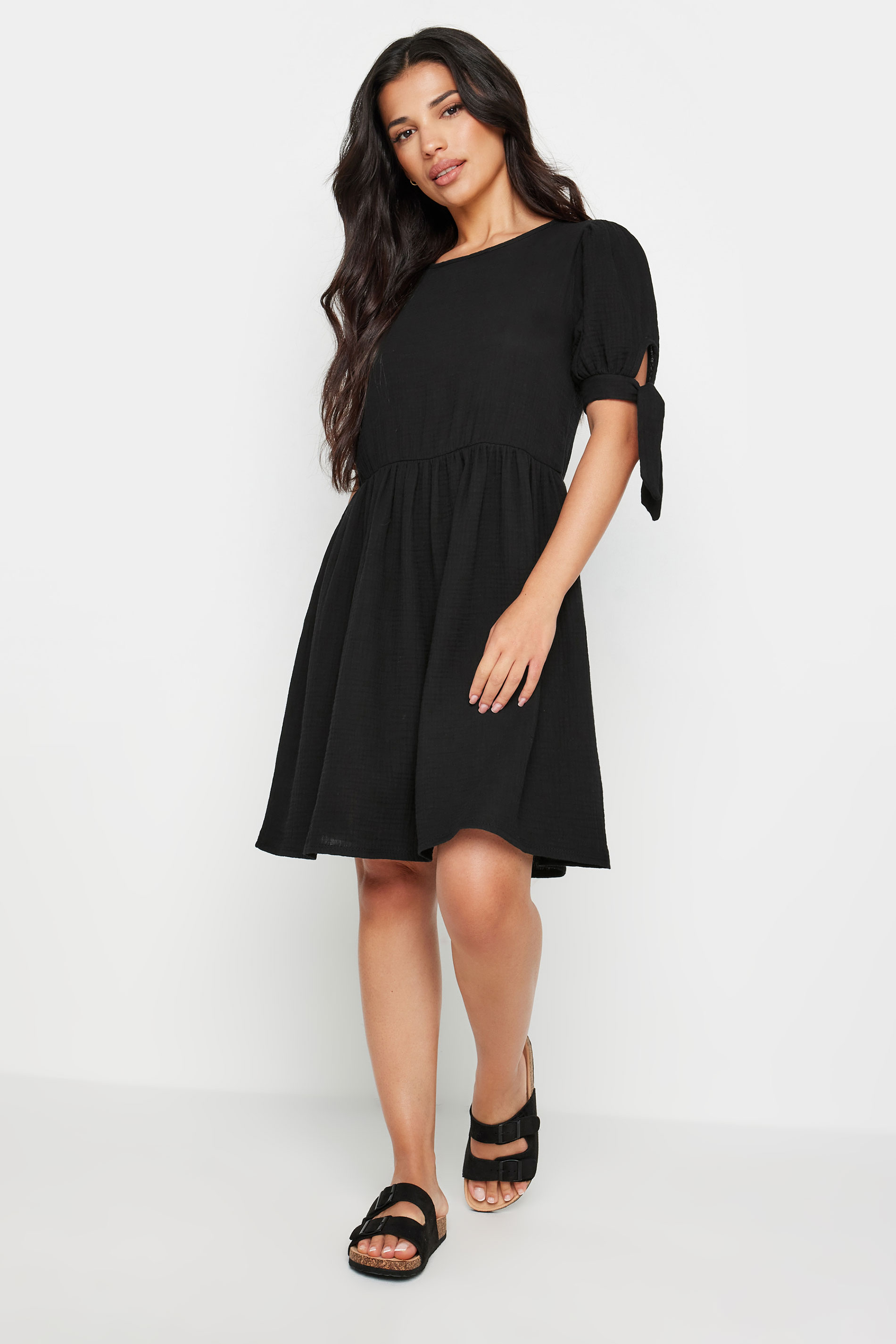 PixieGirl Petite Black Tie Sleeve Textured Smock Dress | PixieGirl 1