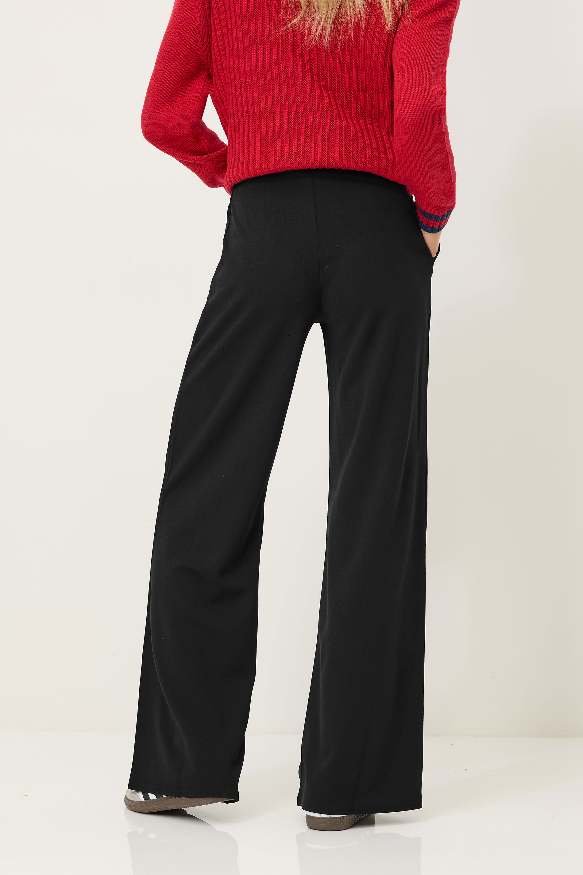 Petite Black Scuba Wide Leg Trousers | PixieGirl 3