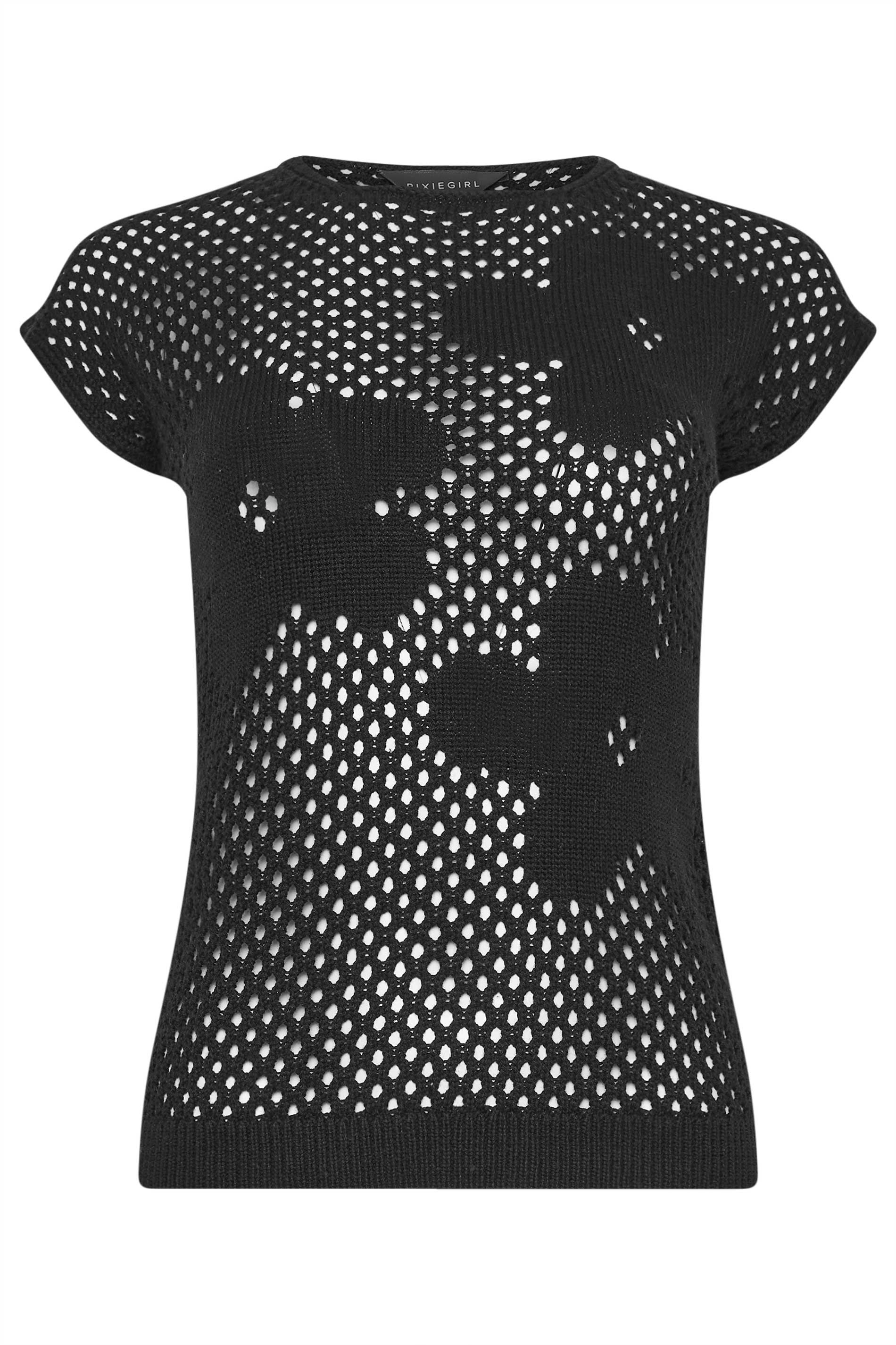 PixieGirl Petite Womens Black Flower Crochet Top | PixieGirl 5