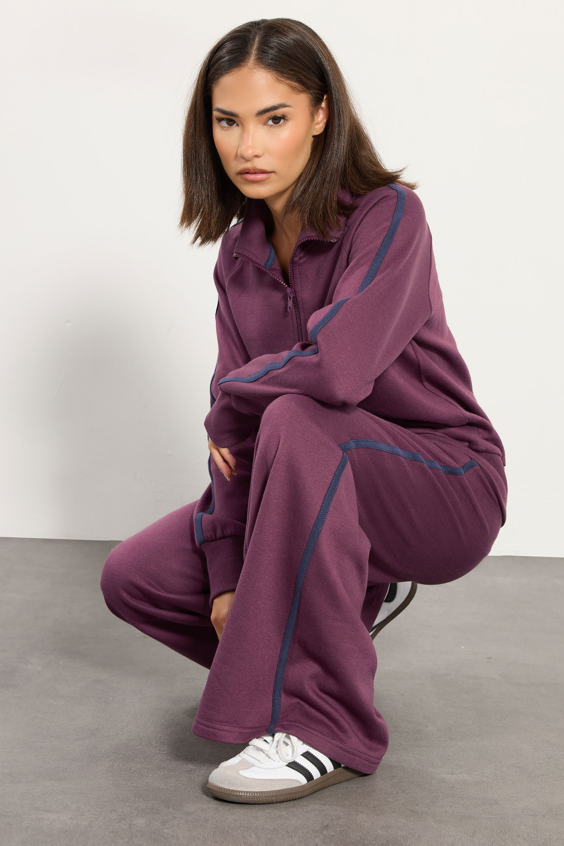 PixieGirl Petite Women's Burgundy Red Stripe Wide Leg Joggers | PixieGirl 3