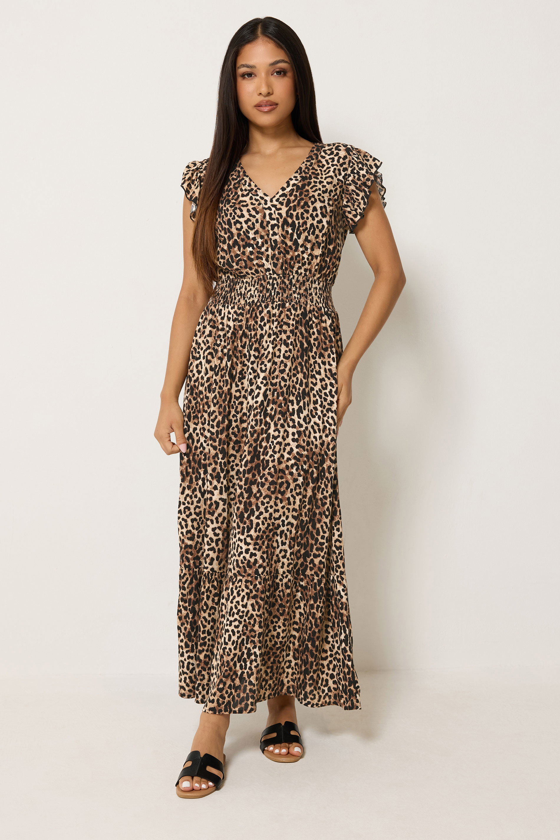 M&Co Petite Brown Animal Print V-Neck Dress | M&Co 3