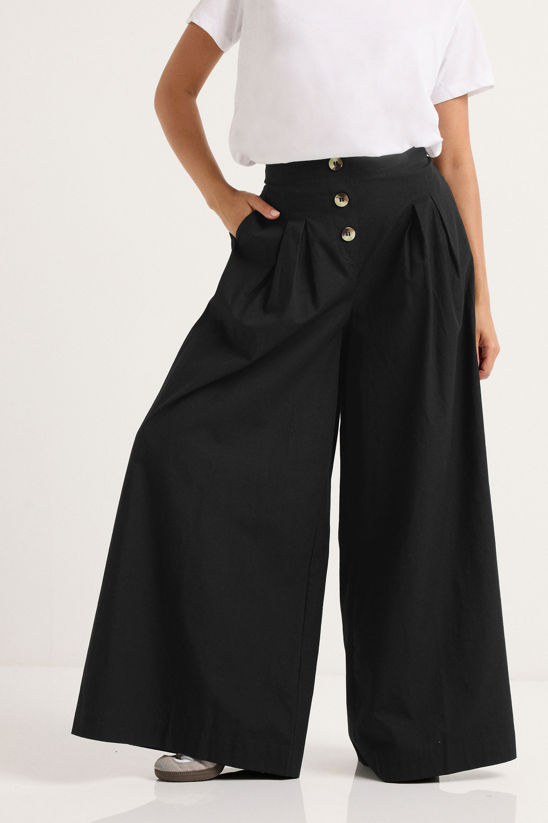 PixieGirl Petite Women's Black Button Wide Palazzo Trousers | PixieGirl 2