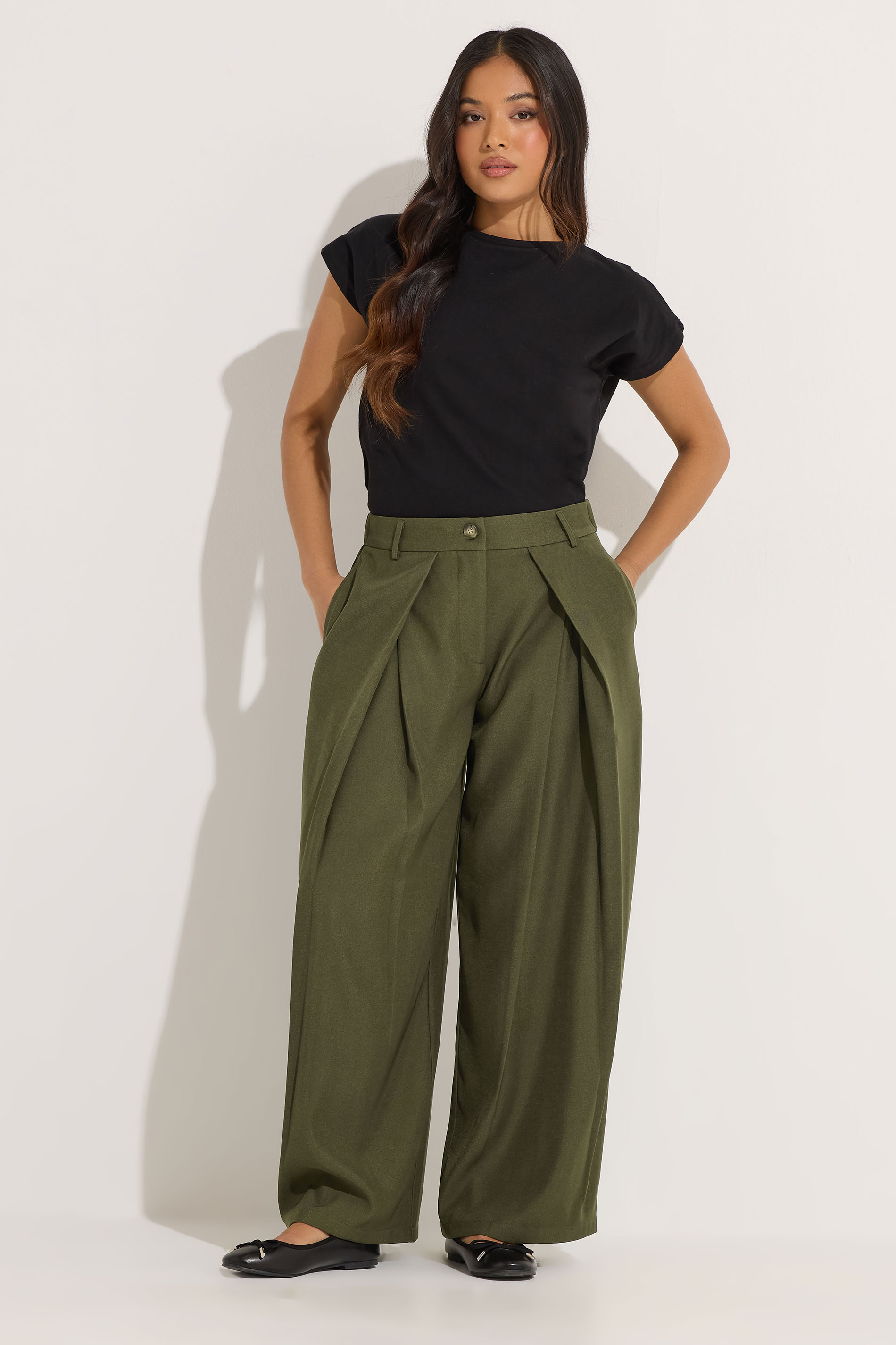 PixieGirl Petite Women's Olive Green Wrap Pleated Wide Leg