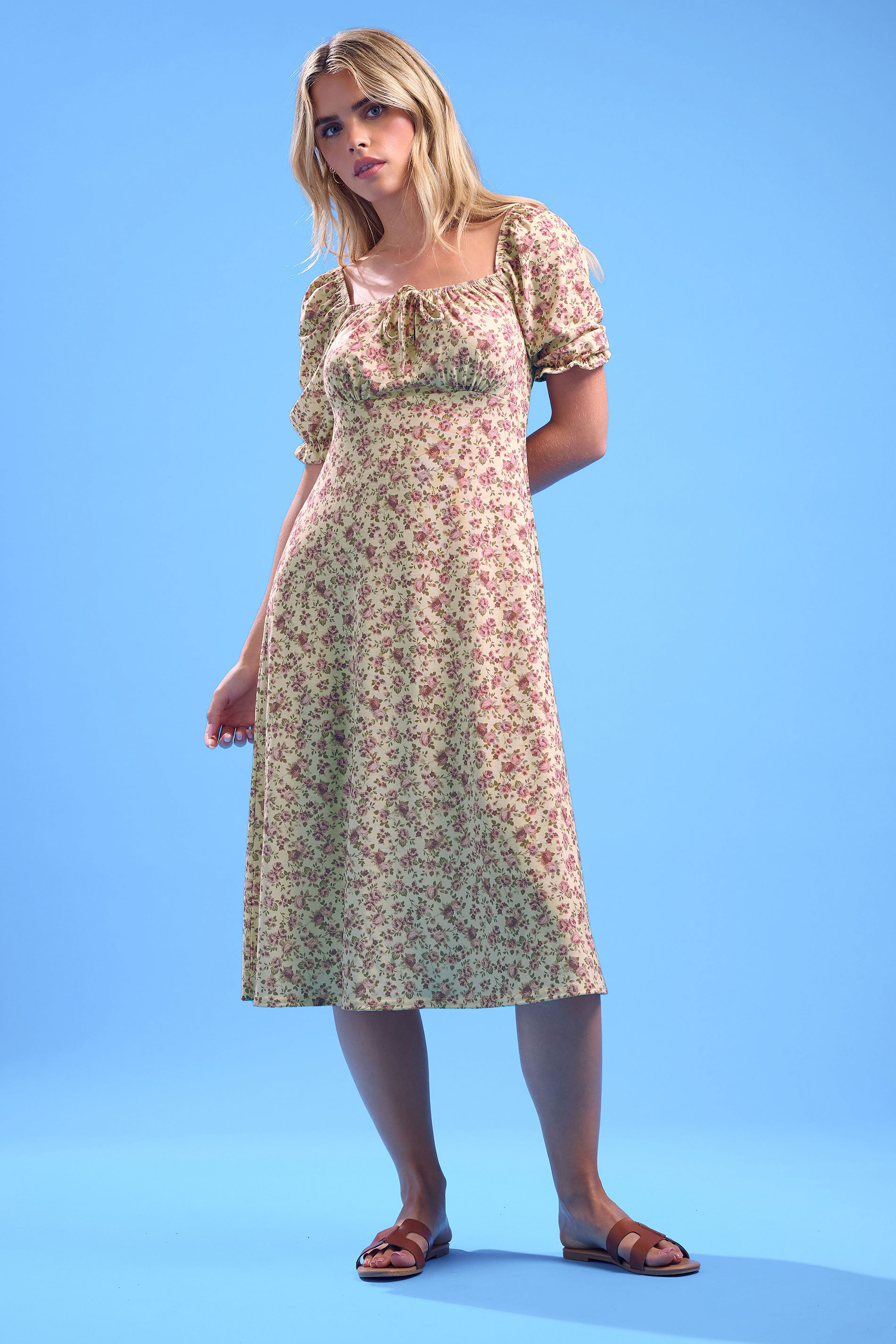 PixieGirl Petite Women's Yellow Ditsy Rose Tie Front Midi Dress | PixieGirl 3