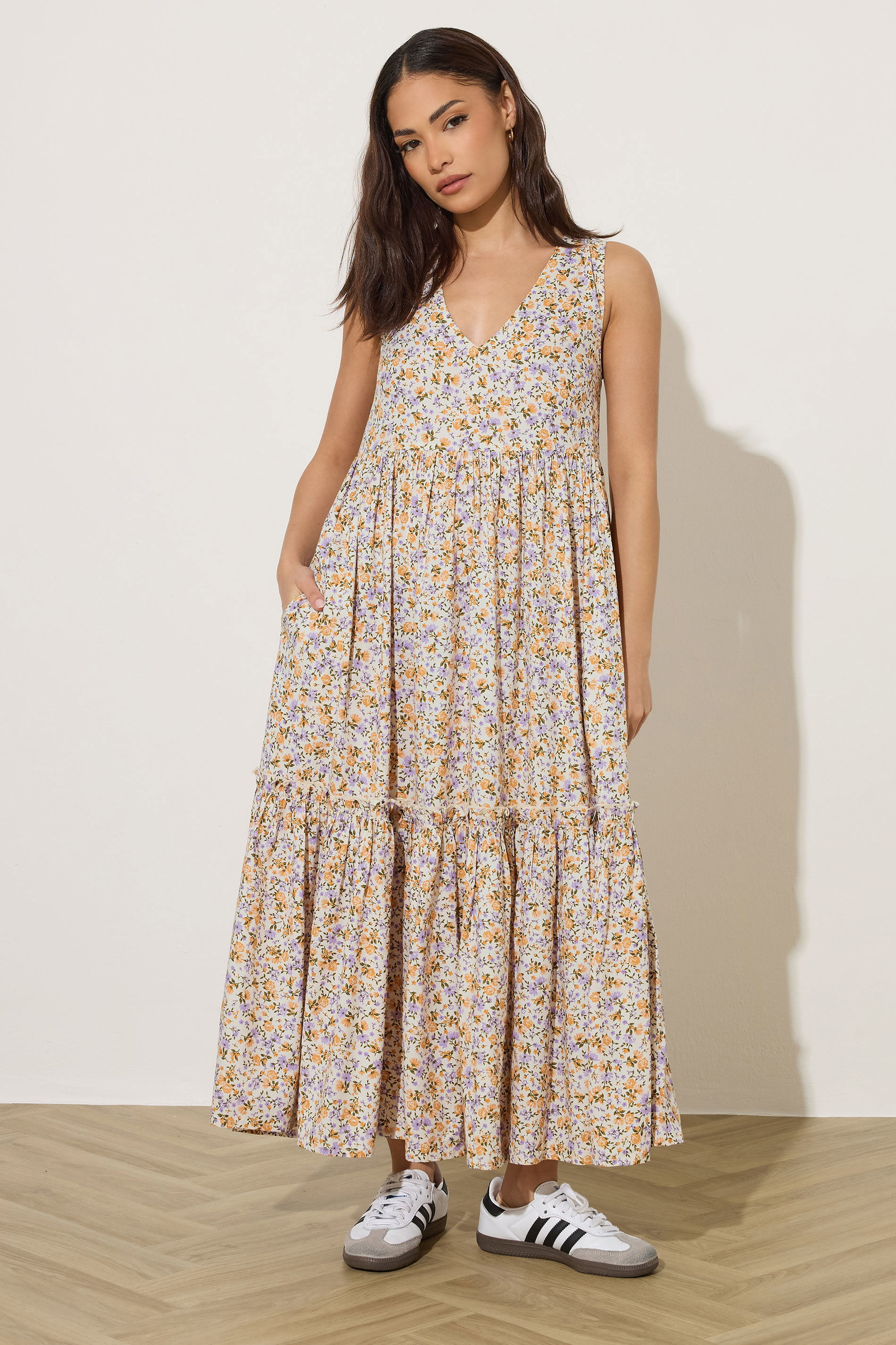 PixieGirl Petite Women's Cream Ditsy Floral Tiered Midi Dress | PixieGirl