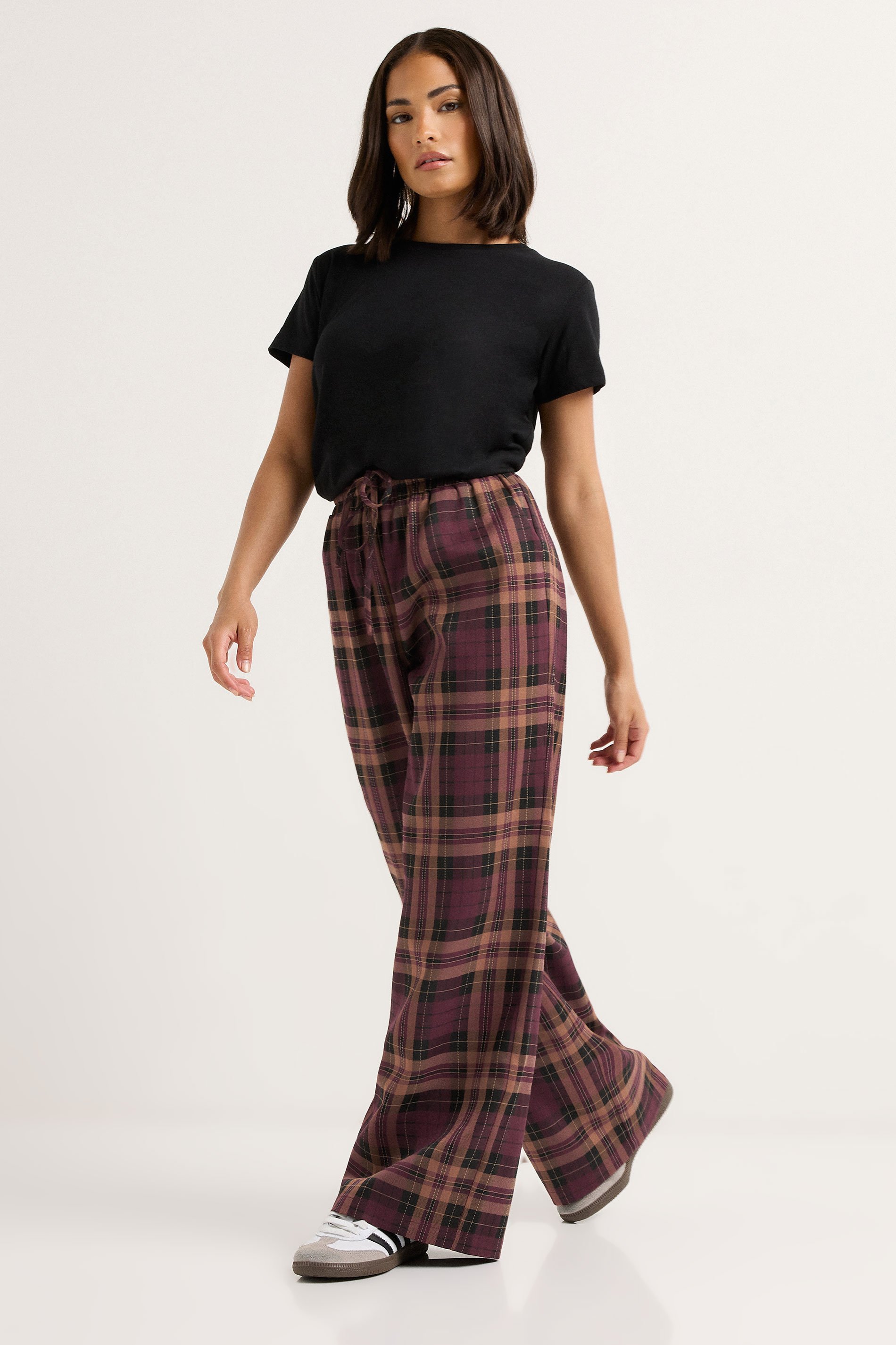 PixieGirl Petite Women's Burgundy Red Check Wide Leg Trousers | PixieGirl 2