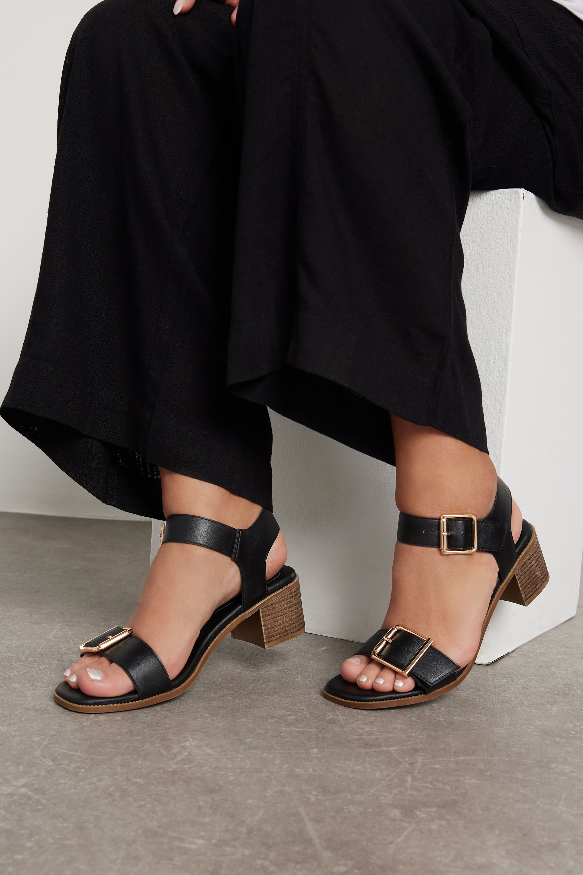 Black Faux Leather Buckle Block Heel Sandals In Wide E Fit & Extra Wide EEE Fit | Yours Clothing 1