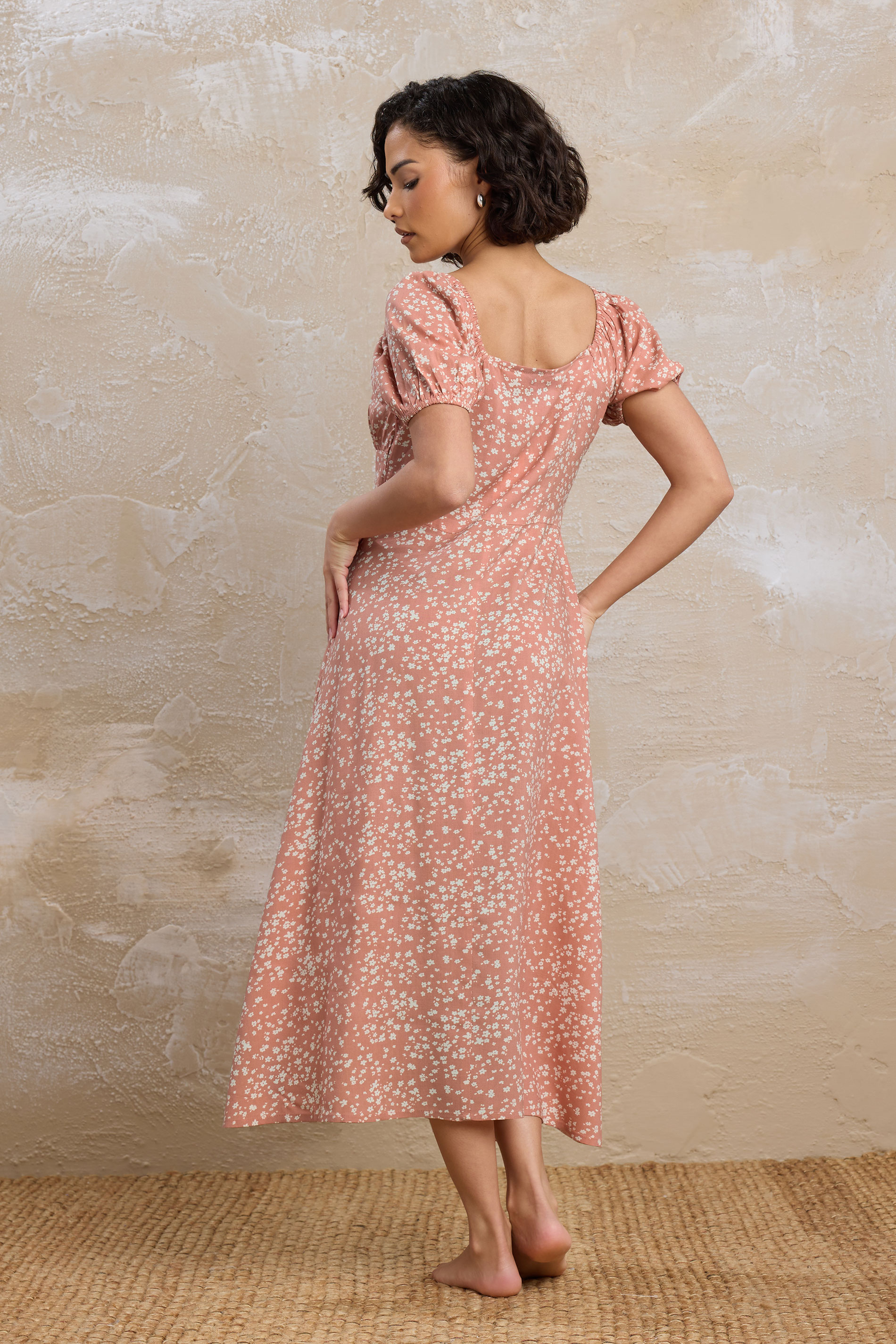 PixieGirl Petite Women's Coral Pink Ditsy Floral Puff Sleeve Midi Dress | PixieGirl 3