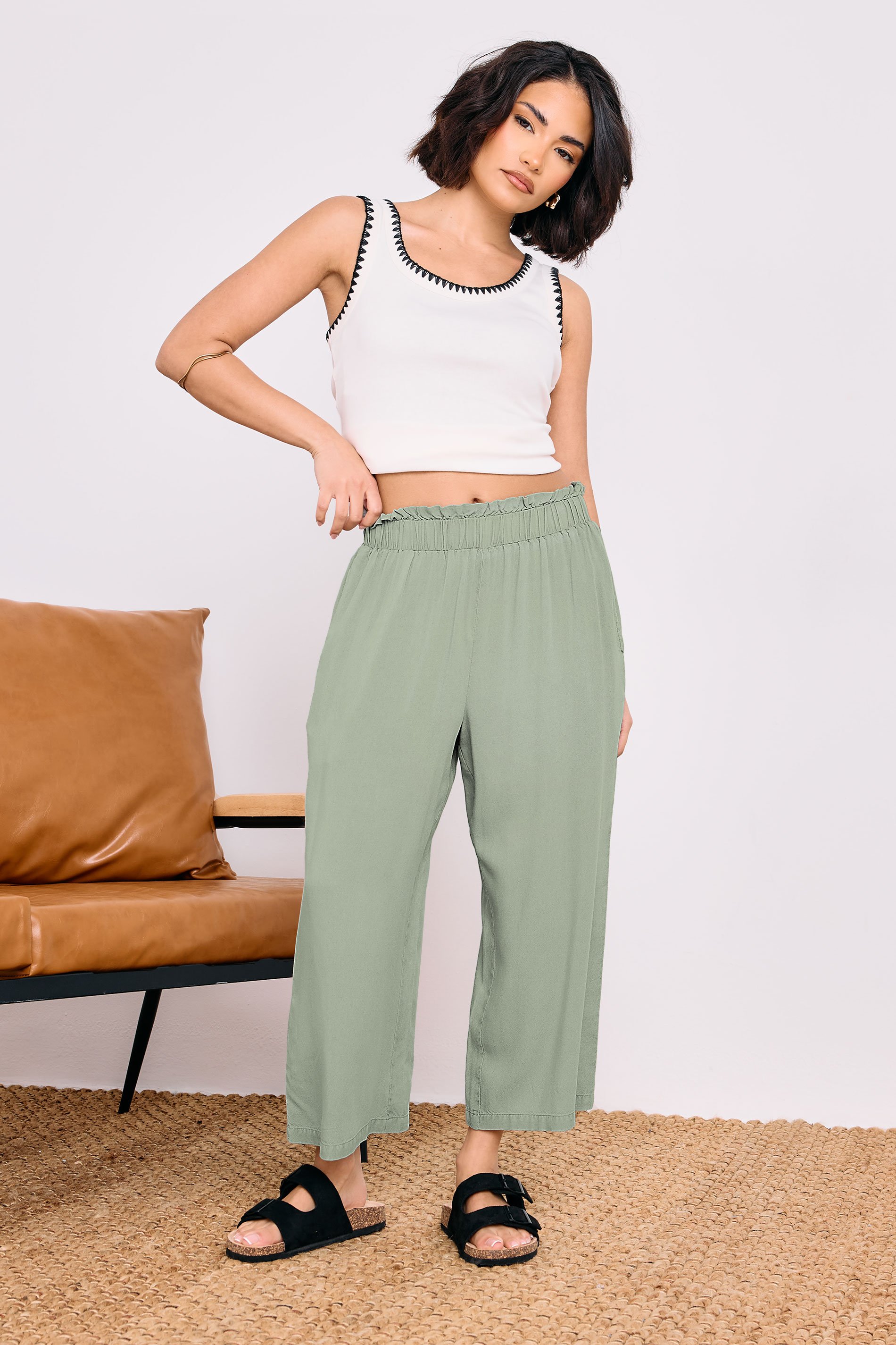 PixieGirl Petite Women's Sage Green Acid Wash Cropped Trousers | PixieGirl 3