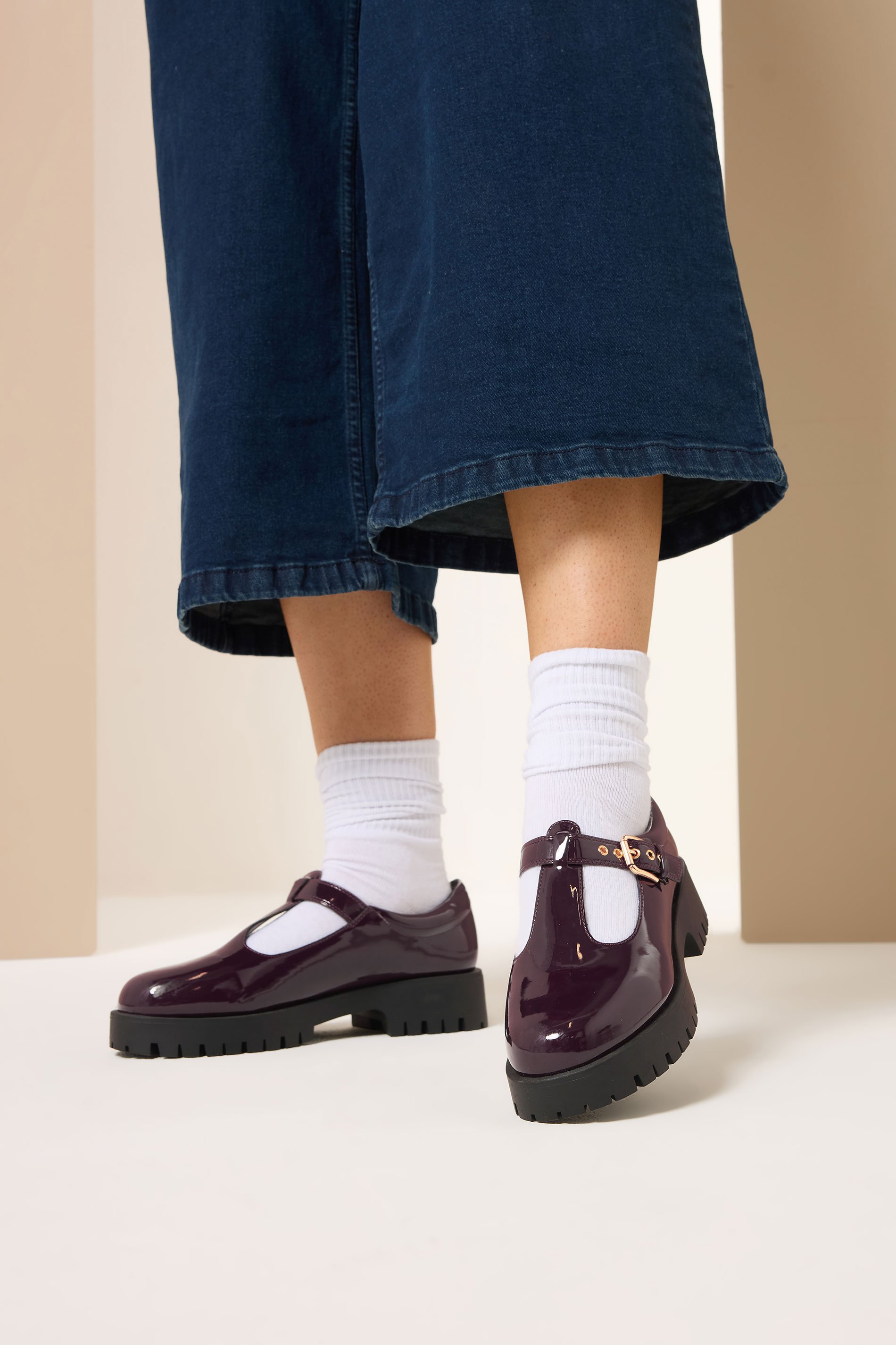 Burgundy Red Patent Chunky T-Bar Mary Janes In Extra Wide EEE Fit | Yours Clothing 2