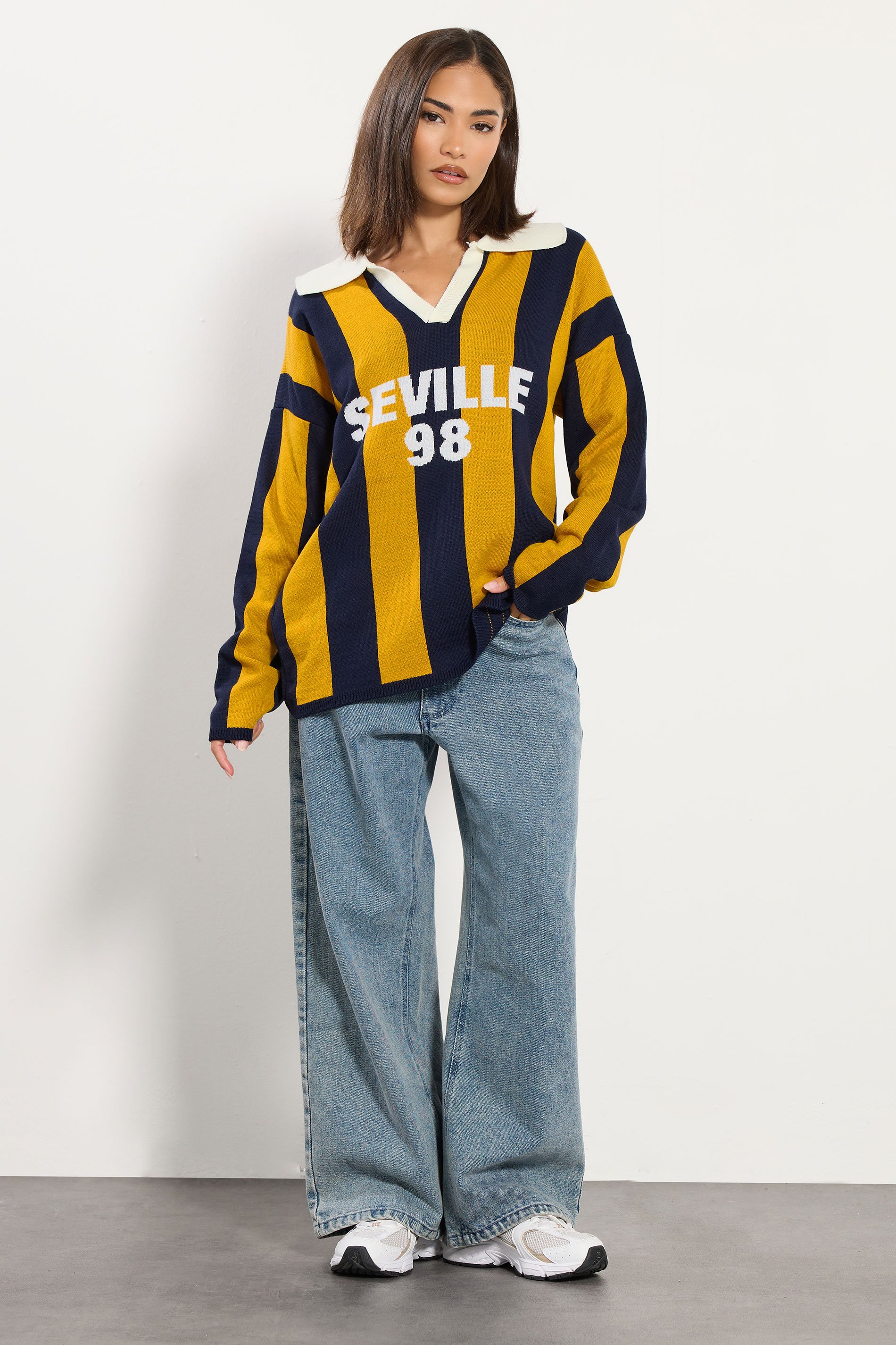 PixieGirl Petite Women's Blue 'Seville' Knitted Stripe Collar Jumper | PixieGirl 2