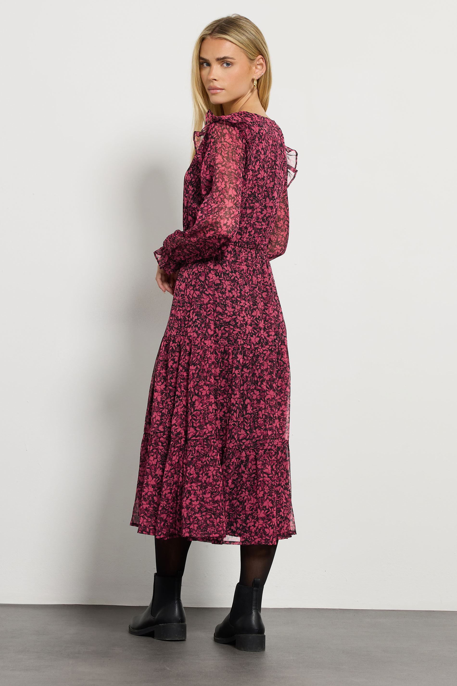 M&Co Petite Black & Berry Floral Chiffon Midi Dress | M&Co 4