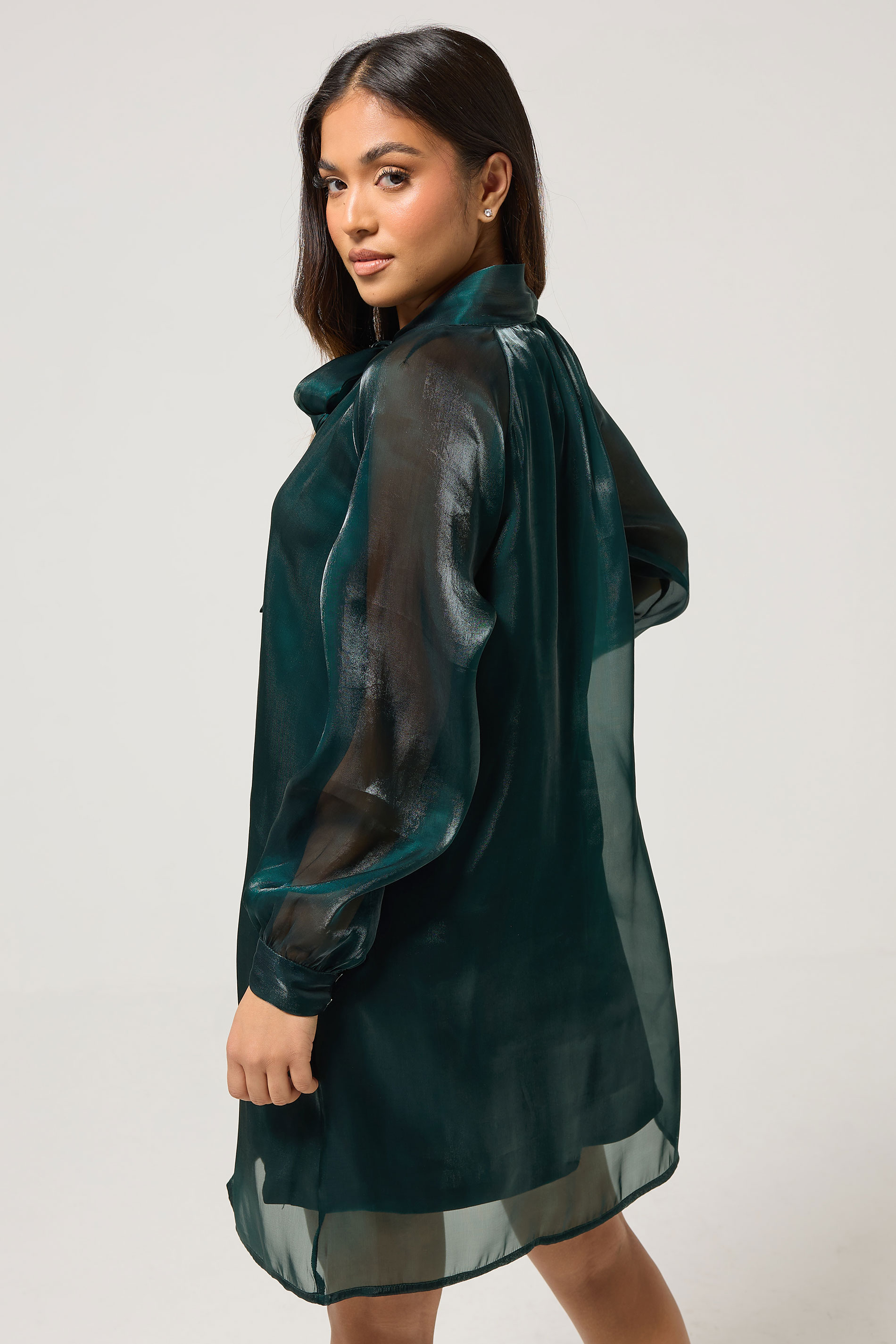 PixieGirl Petite Women's Dark Green Organza Tie Neck Dress | PixieGirl 4