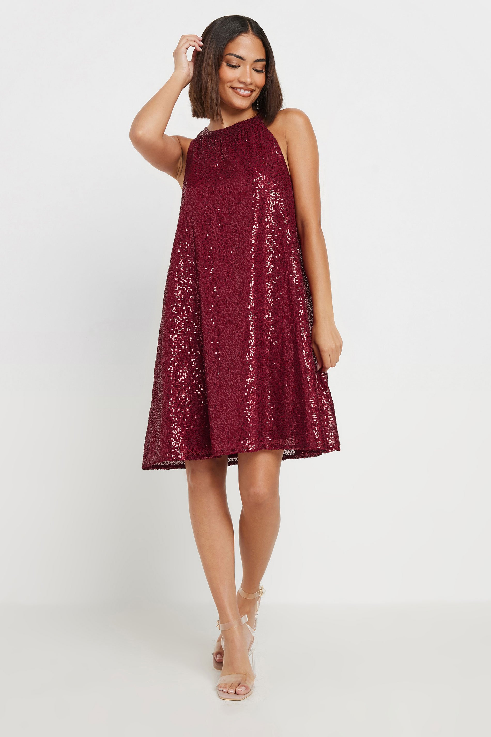 PixieGirl Petite Women's Burgundy Red Sequin Embellished Halter Neck Dress | PixieGirl 3