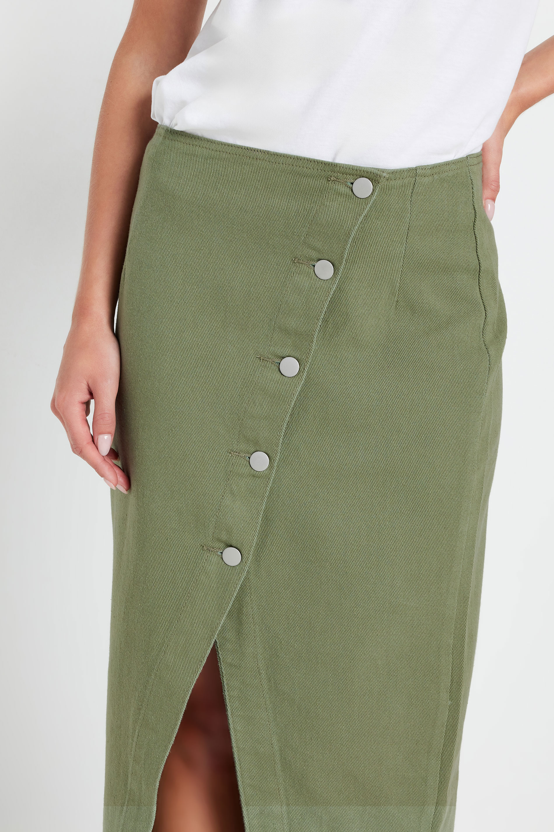 PixieGirl Petite Women's Khaki Green Denim Asymmetric Button Midi Skirt | PixieGirl 5
