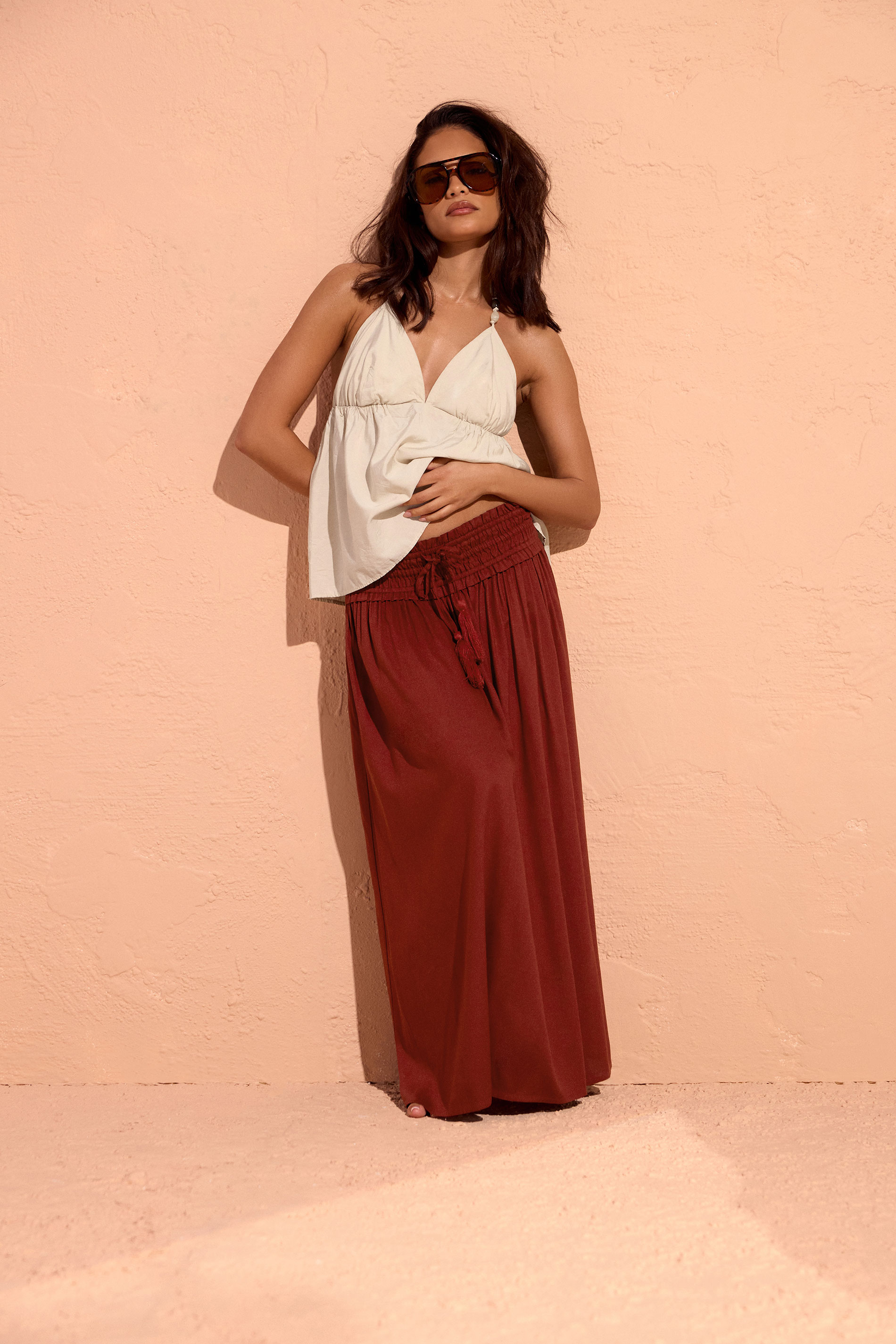 PixieGirl Petite Women's Burgundy Red Tie Waist Maxi Skirt | PixieGirl 1