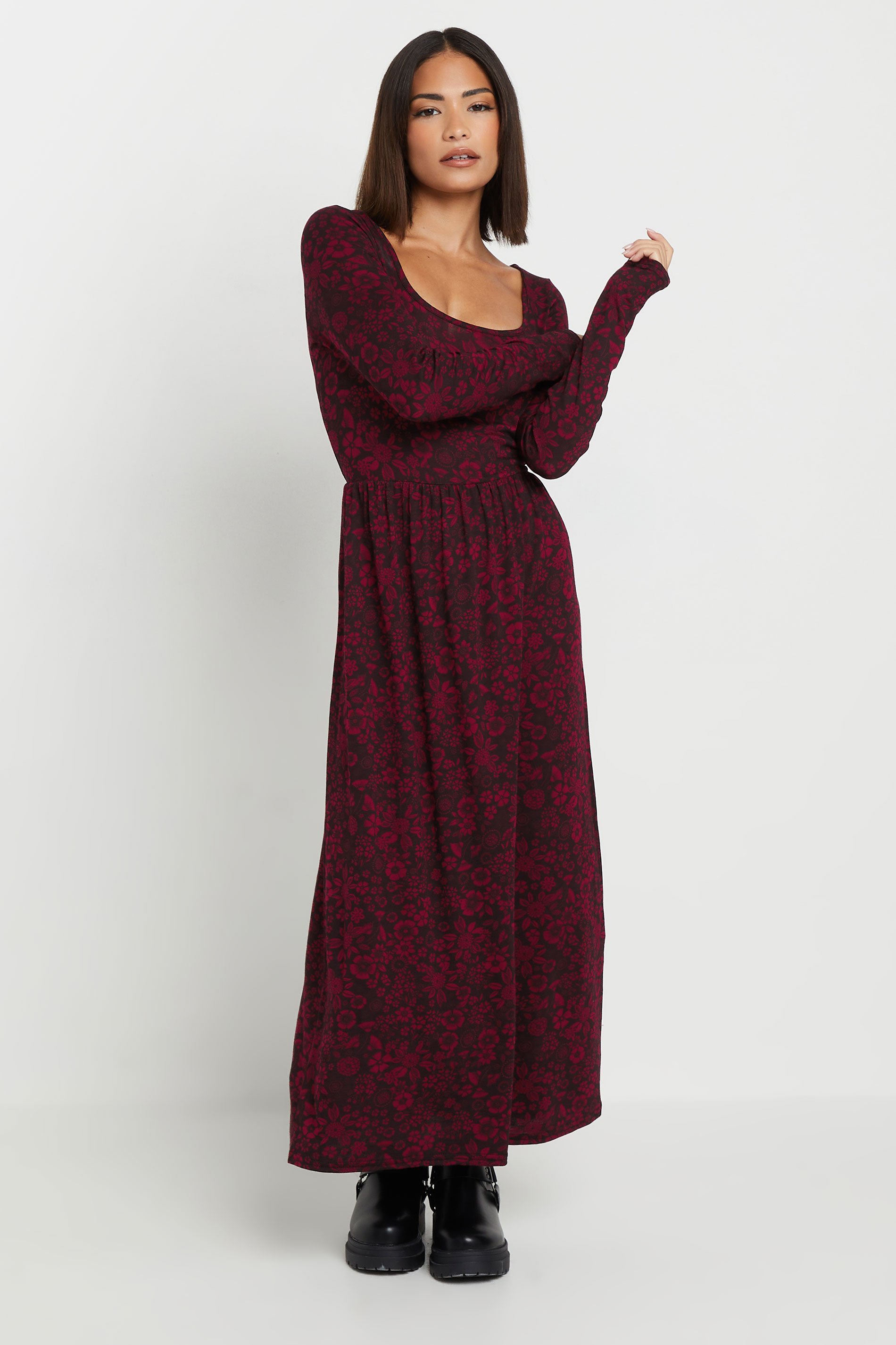 PixieGirl Petite Women s Burgundy Red Floral Print Midi Tea Dress PixieGirl