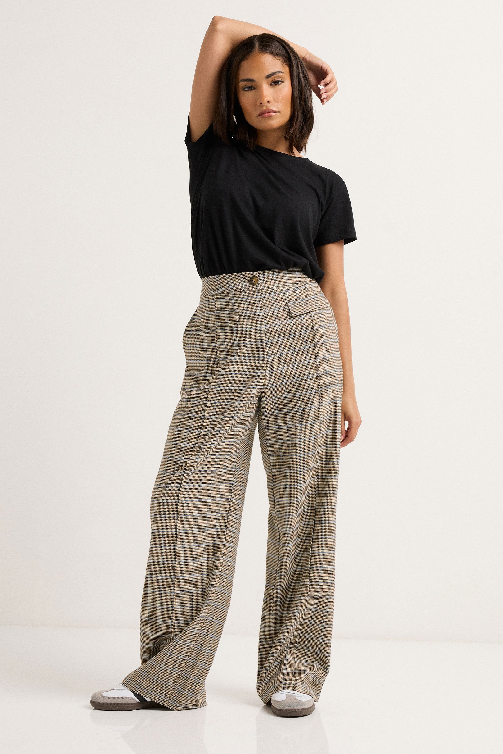 PixieGirl Petite Women's Brown Check Pocket Front Wide Leg Trouser | PixieGirl 2