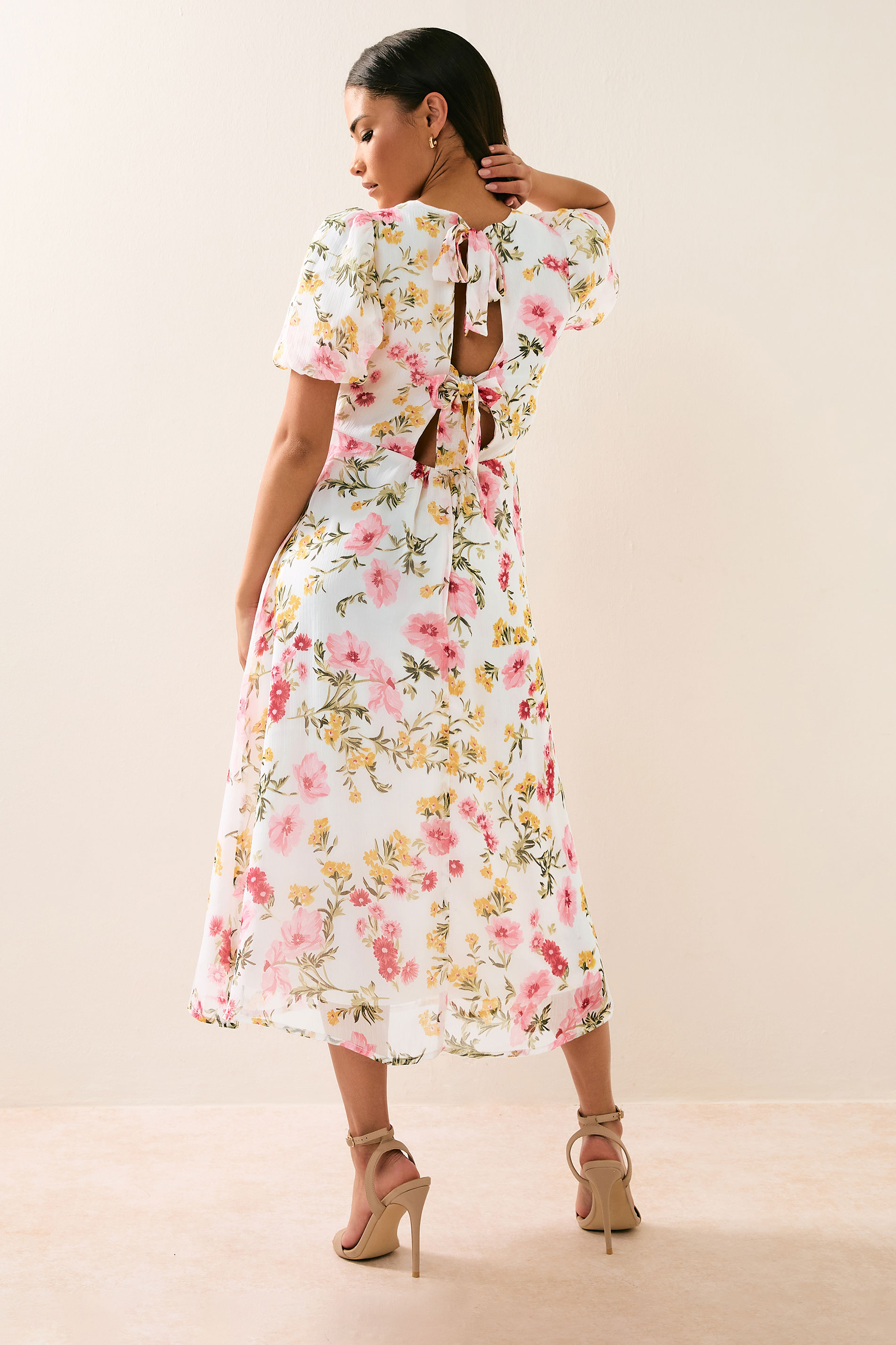 PixieGirl Petite Women's Pink Chiffon Floral Tie Back Midi Dress | PixieGirl 4