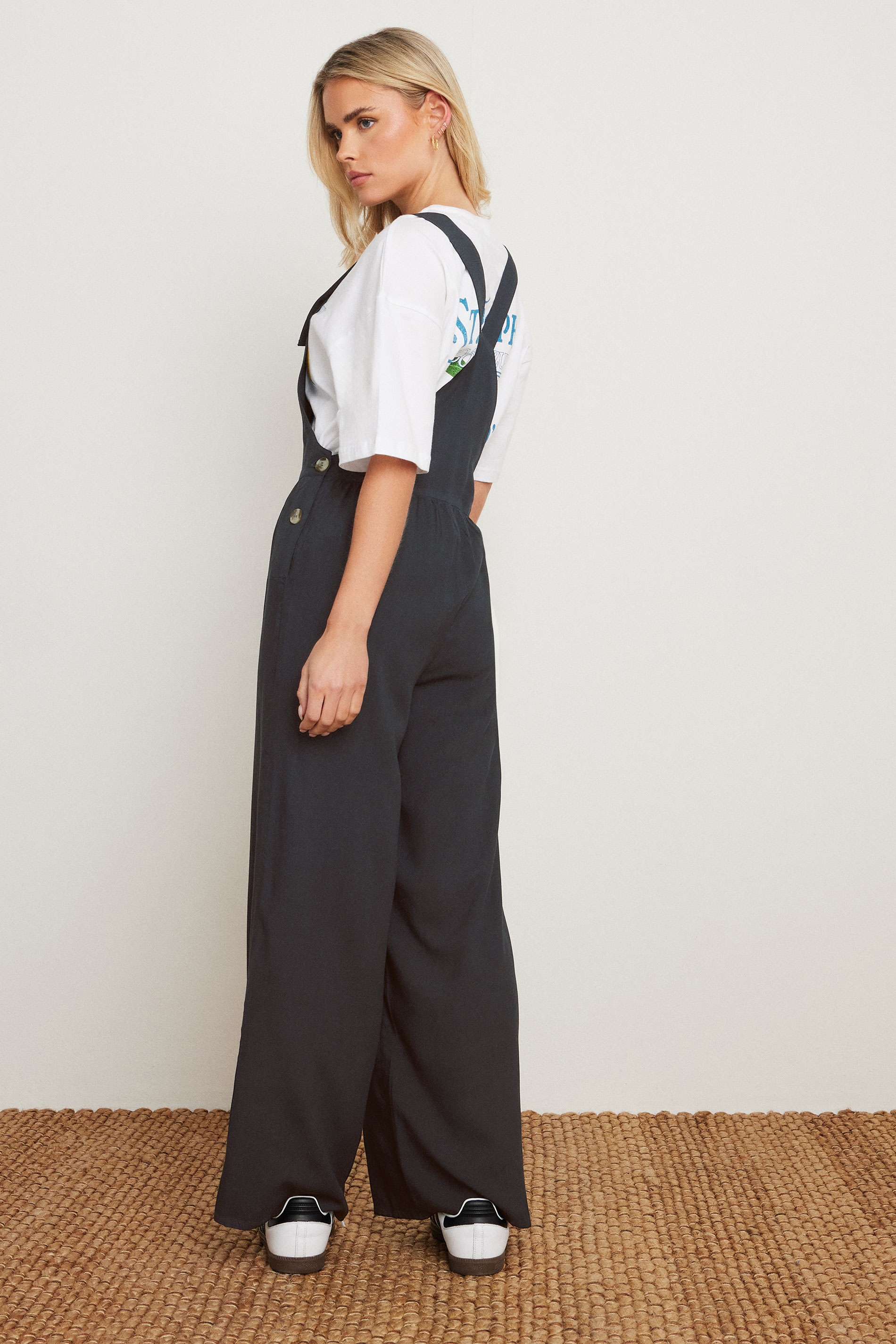 PixieGirl Petite Women's Black Acid Wash Wide Leg Dungarees | PixieGirl 3