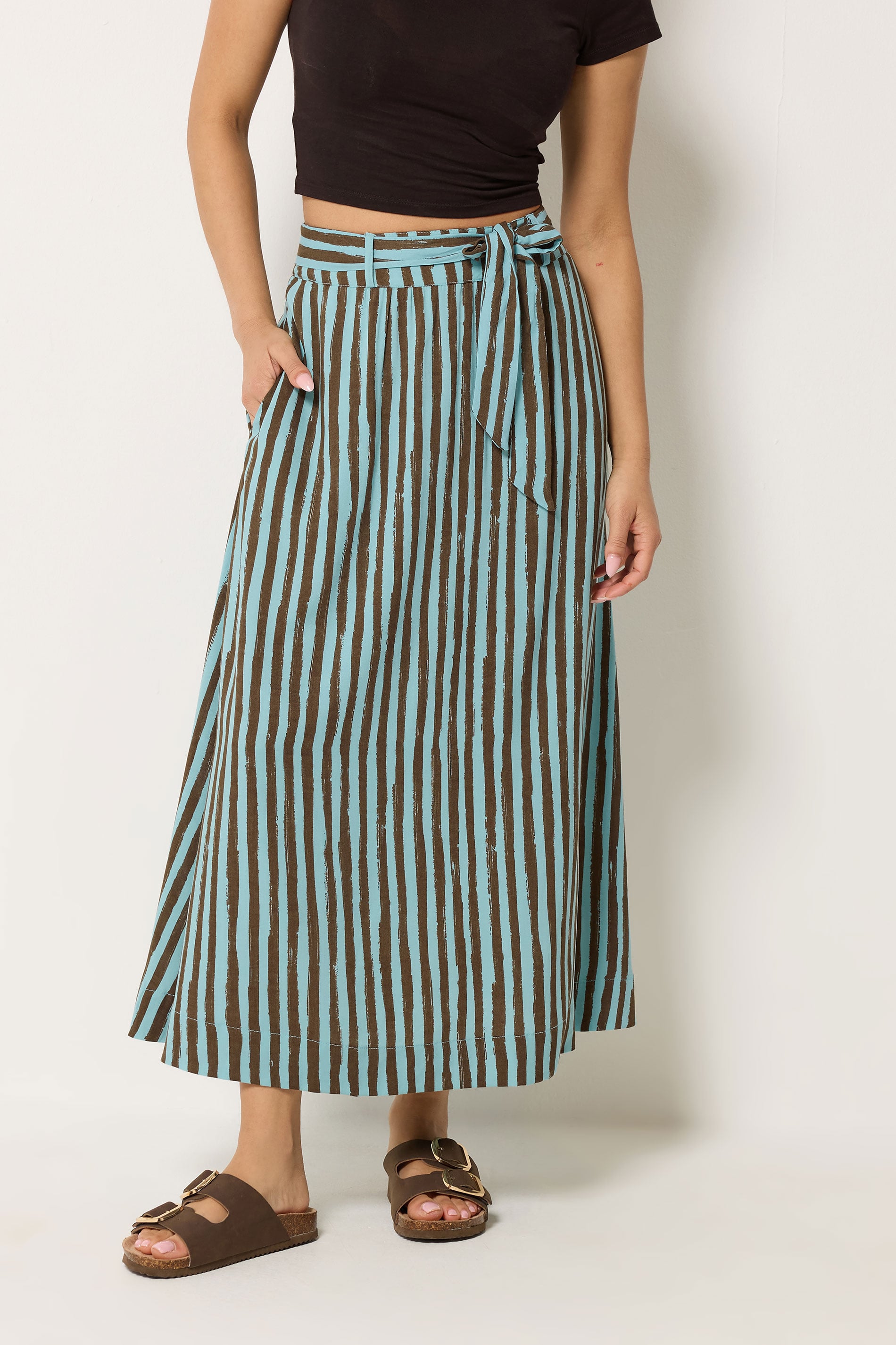 PixieGirl Petite Women's Brown Stripe Belted Maxi Skirt | PixieGirl 3