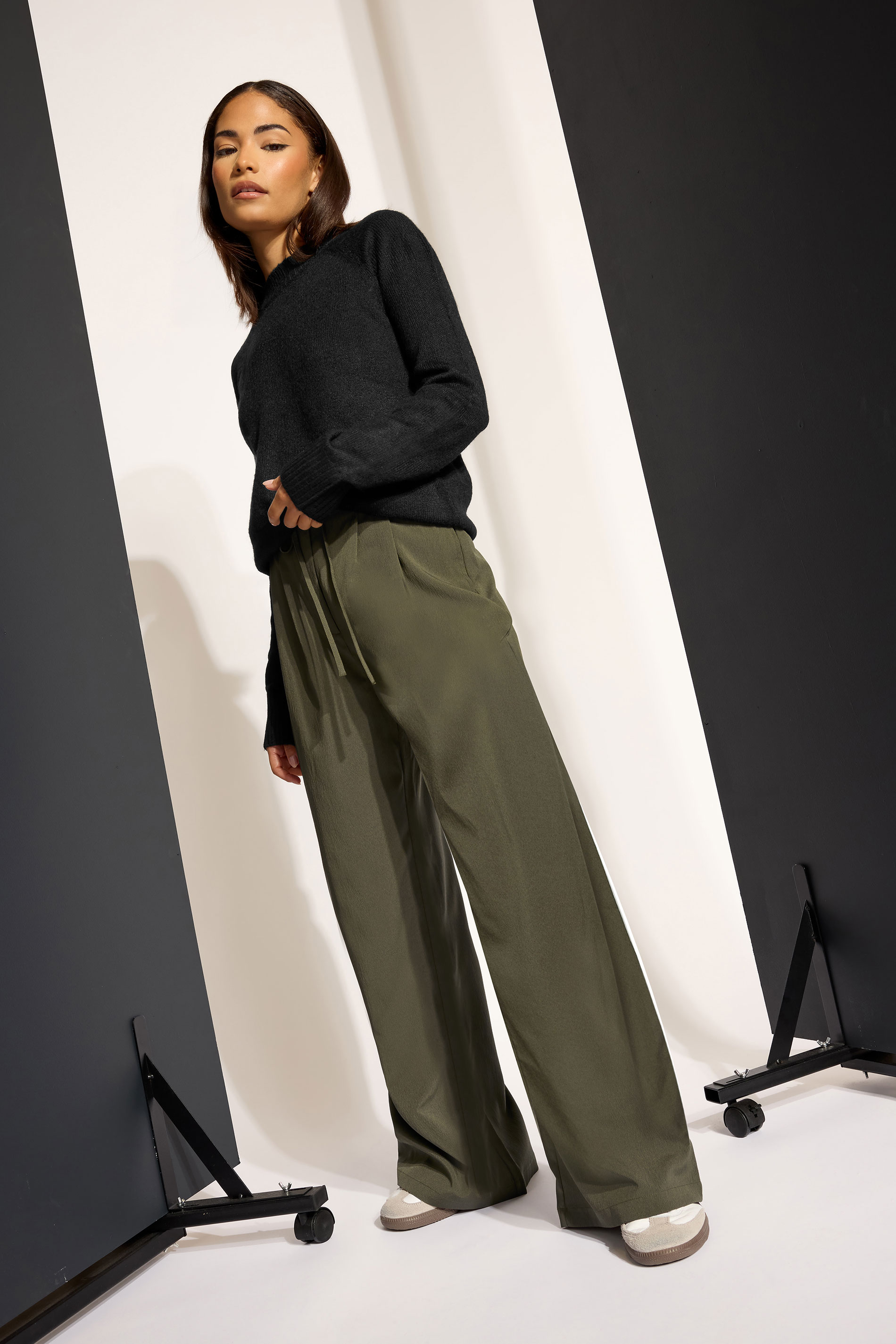 PixieGirl Petite Womens Green Tie Wide Leg Trousers | PixieGirl 1