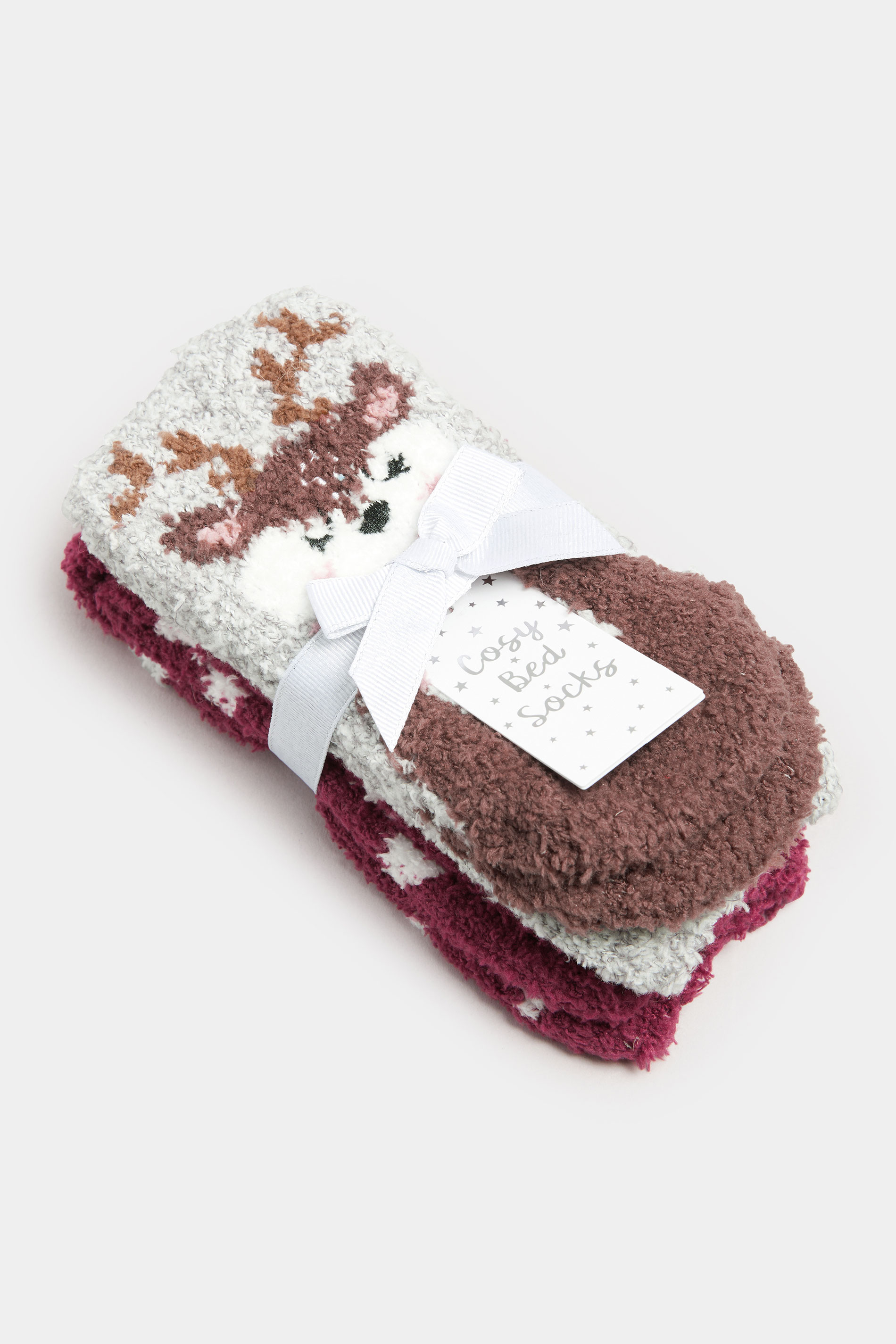 YOURS 2 PACK Plus Size Grey & Red Reindeer Novelty Christmas Fluffy Bed Socks | Yours Clothing 4