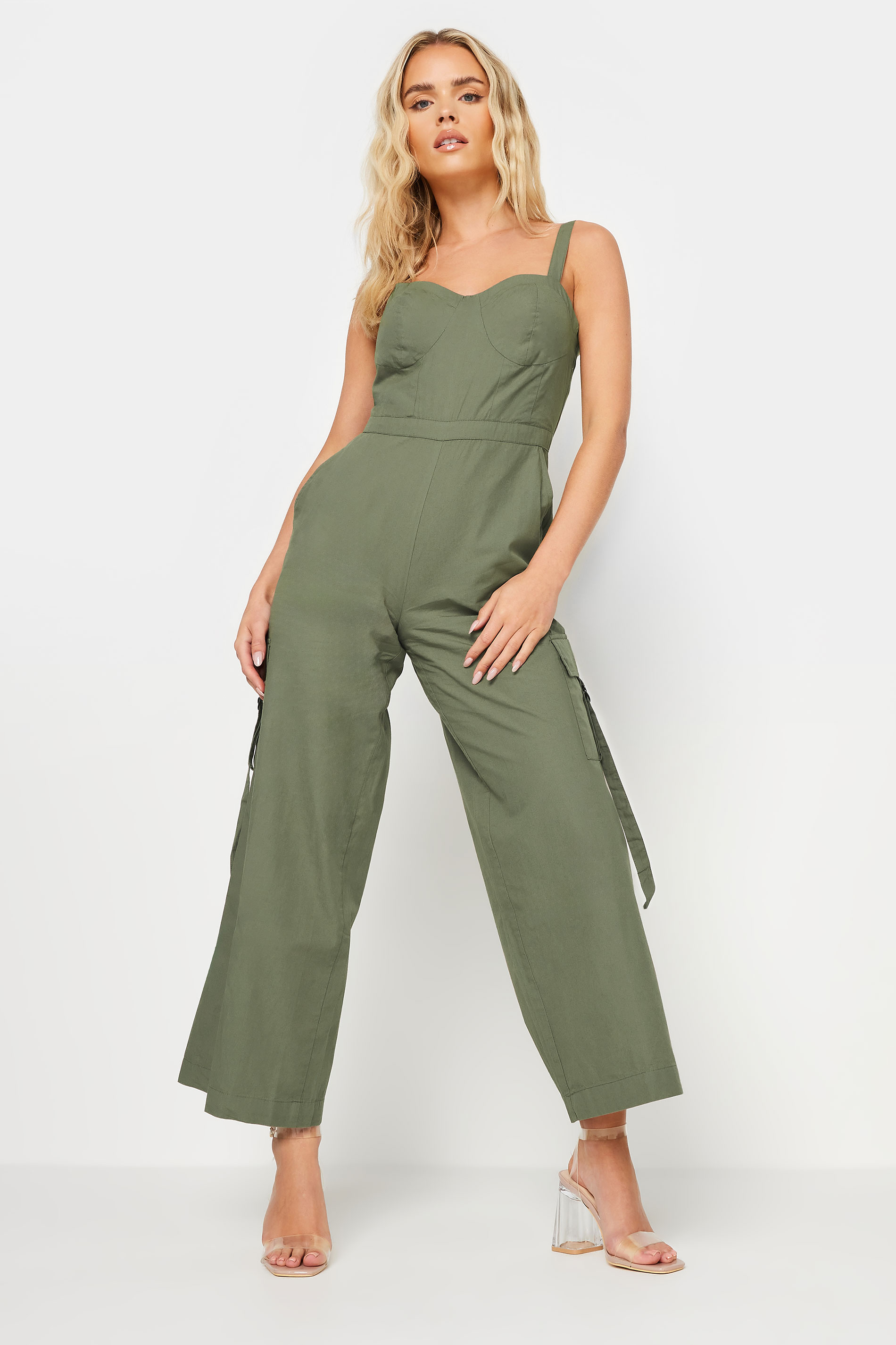 PixieGirl Petite Women's Khaki Green Utility Wide Leg Jumpsuit | PixieGirl 2