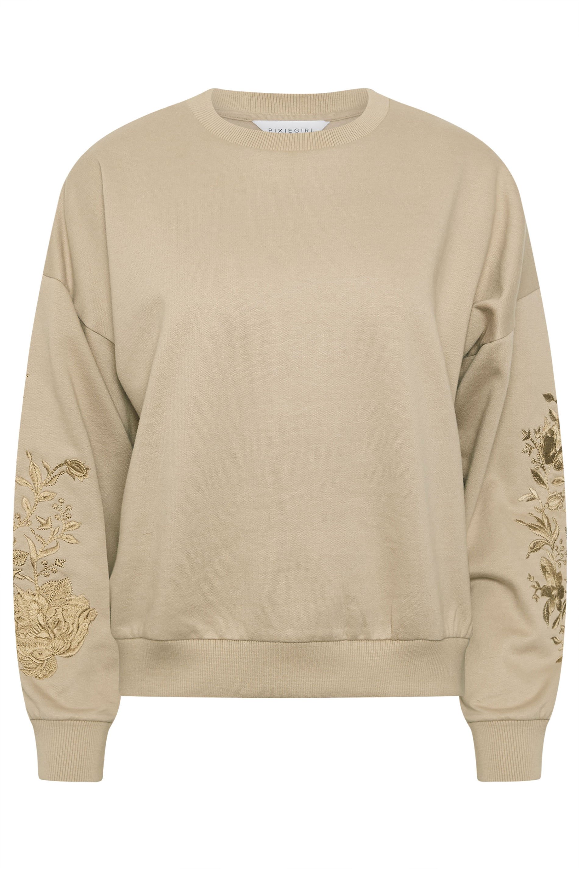 PixieGirl Petite Women's Natural Brown Floral Embroidered Sweatshirt | PixieGirl 7