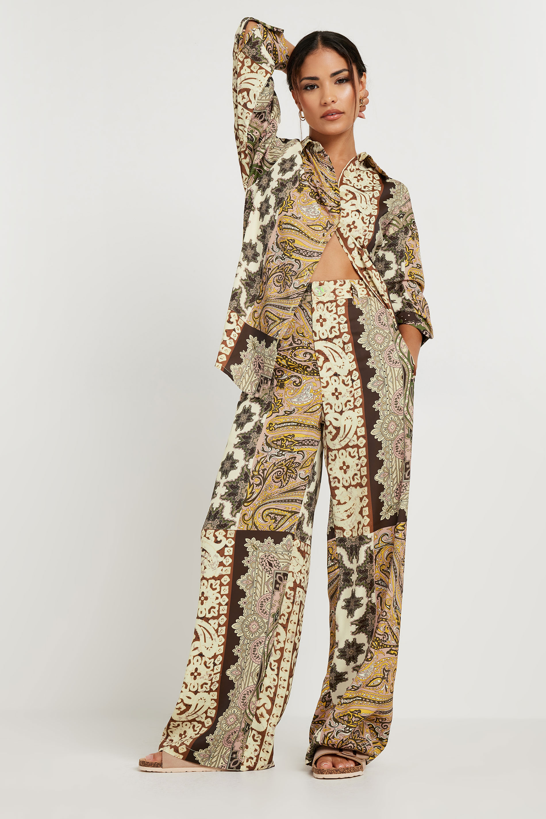 PixieGirl Petite Women's Beige Brown Patchwork Wide Leg Trousers | PixieGirl 2